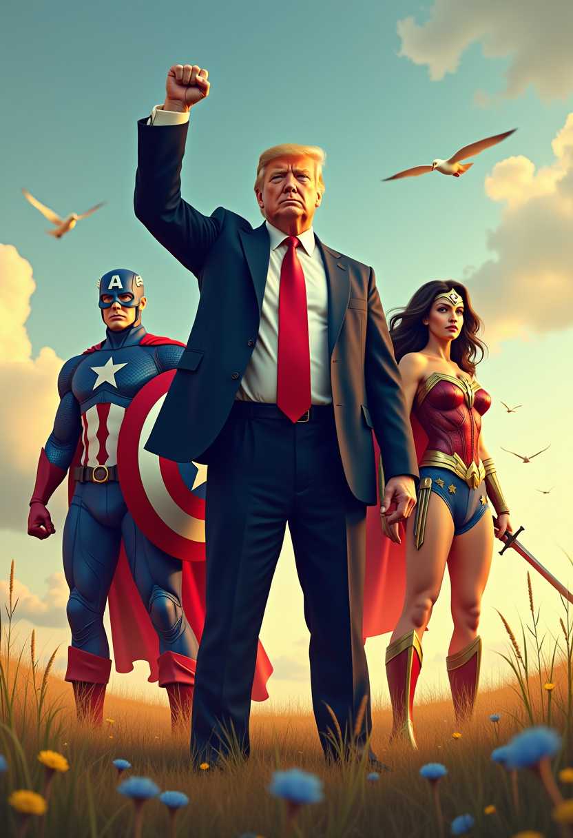 This 3d image is a digitally created artwork that combines elements of superhero iconography with a realistic portrayal of a person in a business suit. The art style is a blend of photorealism and digital illustration, with a focus on creating a dynamic and heroic scene.The medium appears to be a digital painting, utilizing software that allows for a high level of detail and manipulation. The colors are rich and vibrant, with a warm palette that evokes a sense of nostalgia and adventure. The sky is a soft blue with scattered clouds, and the golden hour lighting casts a warm glow over the scene, highlighting the textures and contours of the characters and the environment.In the foreground, there is a figure dressed in a business suit, standing confidently with their fist raised high. This figure is the focal point of the image and is depicted with a high level of realism, including the texture of the suit, the shine of the buckle, and the folds of the fabric.Behind the central figure, there are two characters dressed in superhero costumes. On the left, there is a figure in a Captain America costume, complete with the iconic shield. The costume is detailed with the red, white, and blue of the American flag, and the texture of the fabric is rendered with a high level of realism. The figure (Donald Trump) stance is heroic and determined, with one arm raised and the shield in the other hand.On the right, there is a figure dressed as Wonder Woman, recognizable by her golden tiara, armor, and sword. The costume is rich in detail, with intricate patterns and textures that are rendered with precision. The figures stance is powerful and assertive, with one arm extended and the sword in the other hand.The background of the image is a field of tall grasses and wildflowers, with a few birds flying overhead. The grasses are rendered with a sense of movement, as if caught in a gentle breeze, and the flowers add a touch of natural beauty to the scene.Overall, the image is a powerful and dynamic portrayal of heroism and leadership, blending elements of superhero iconography with a realistic depiction of a person in a business suit. The use of color, lighting, and texture creates a compelling visual narrative that is both inspiring and thought-provoking.