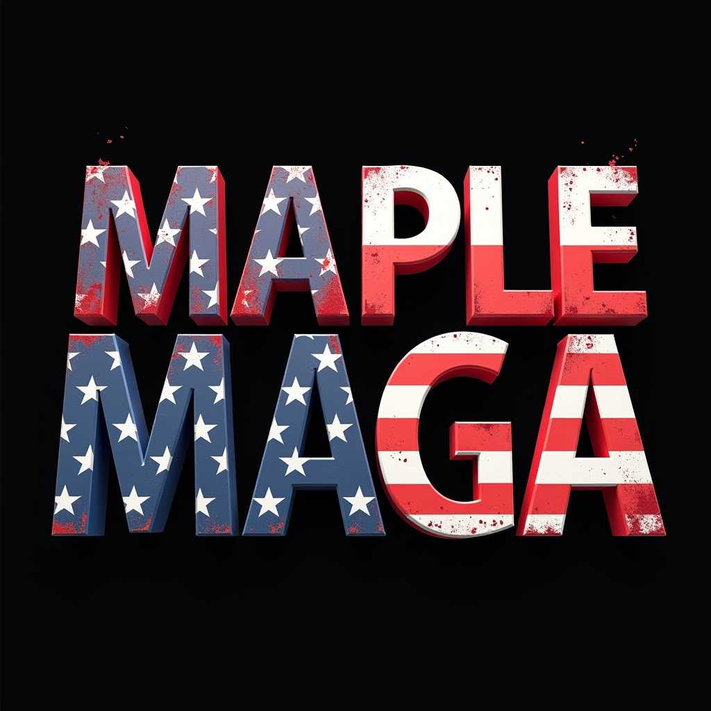This 3d image features a bold, graphic design on a black background. The design is a play on the phrase MAGA, which is an acronym that stands for Make America Great Again, a political slogan popularized by former President Donald Trump. The twist in this design is the substitution of the word maple for the first M, which is a nod to the maple leaf, the national emblem of Canada. The art style is modern and utilitarian, with a focus on impactful typography and patriotic imagery.  The colors are primarily red, white, and blue, which are the traditional colors of the American flag. The red and white stripes of the flag are prominently featured in the design, with the red appearing to be a distressed or faded version, giving the design a vintage or worn look. The blue field of the flag is represented in the word MAPLE, with a pattern of white stars on a blue background, reminiscent of the stars on the American flag.The objects in the image are primarily the letters of the word MAPLE MAGA, which are arranged in a stacked fashion. The design is symmetrical, with the M and A of MAPLE on the left and the M and A of MAGA on the right, with the P and G of MAGA in the middle. The distressed red stripes of the flag are used to fill in the spaces between the letters, and the white stars are placed in the blue field of the M in MAPLE. The overall effect is a bold, patriotic statement that combines elements of the American flag with a Canadian cultural reference.