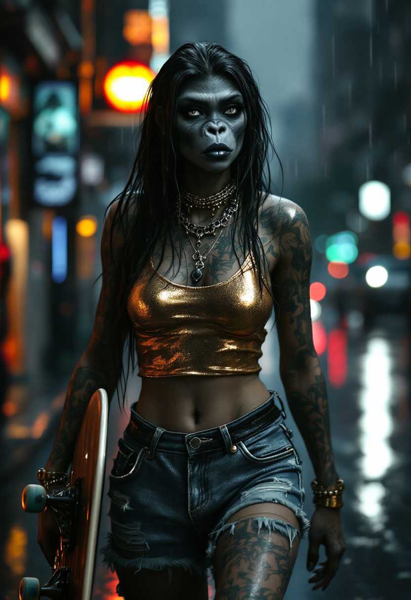 Spectacular cinematic glossy CGI effect. Zoom-out effect. center. Female anthropomorphic CGI gorilla with gorilla face, bright eyes, eyeliner, mid-gray skin, full lips, black near-reflective lip-gloss that catches white light, long wet-effect black hair, amazing molten-honeycomb patterned gold/pale-teal tattoos all over. She wear gold camisole &torn blue jeans while holding a skateboard &walking Humidity in the air effect. City background with slight rain. full-body picture. whole-body picture