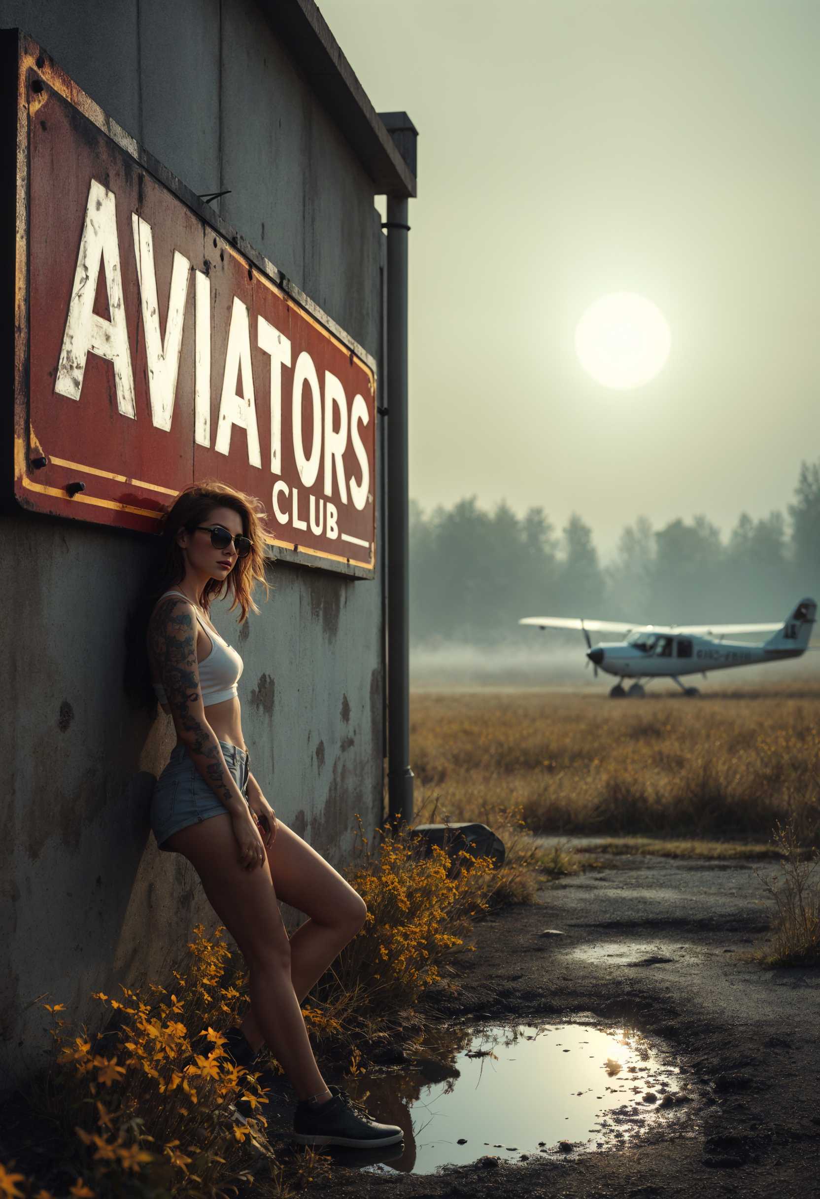 AI-generated image: a huge 1950's sign on the side of the wall with the words title "Aviators Club"  Superfine fade colo