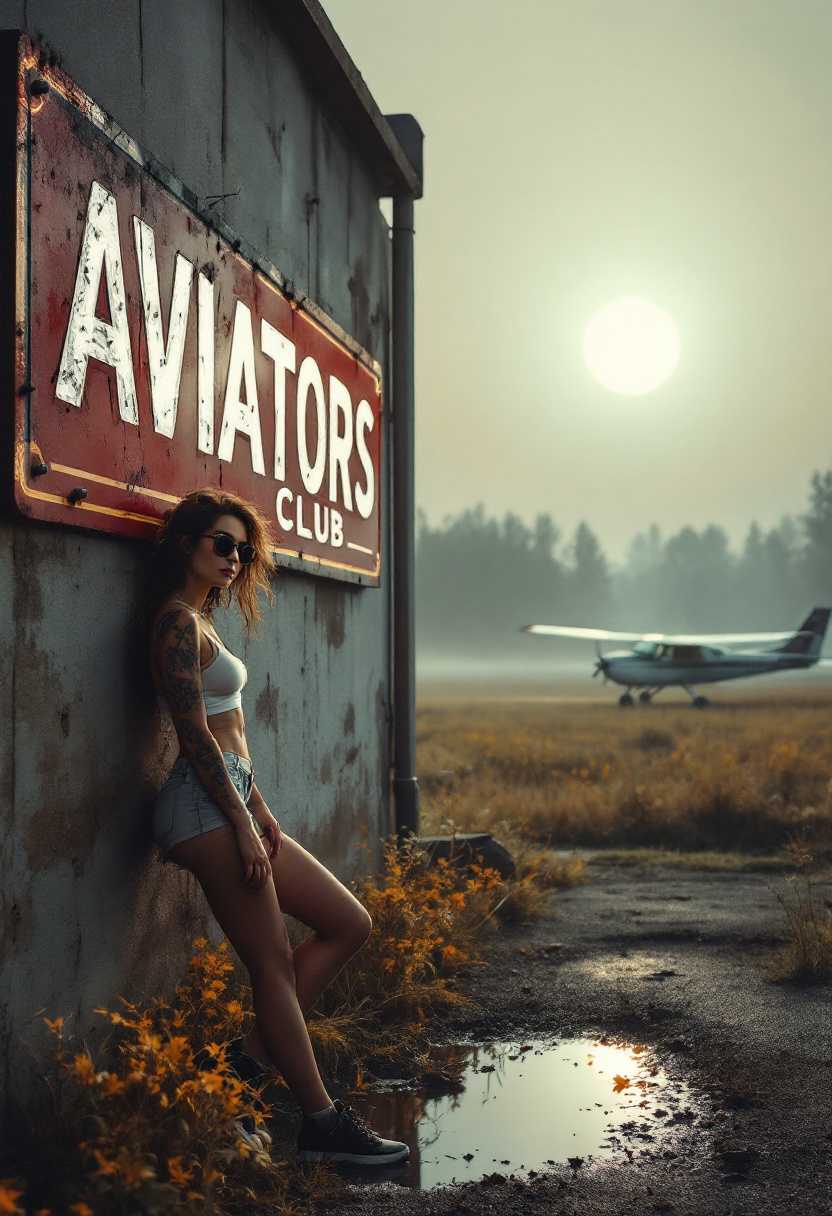 a huge 1950's sign on the side of the wall with the words title "Aviators Club"  Superfine fade color painterly. Detailed attractive woman in sport shorts, tattoos, windy hair, sunglasses. Standing leaning against wall, looking at viewer. In background at flower birch evening autumn meadow, a Cessna 172 aircraft parked. Low visible large sun in fog. From far side view with reflecting puddle. Wide angle. xHDRi.