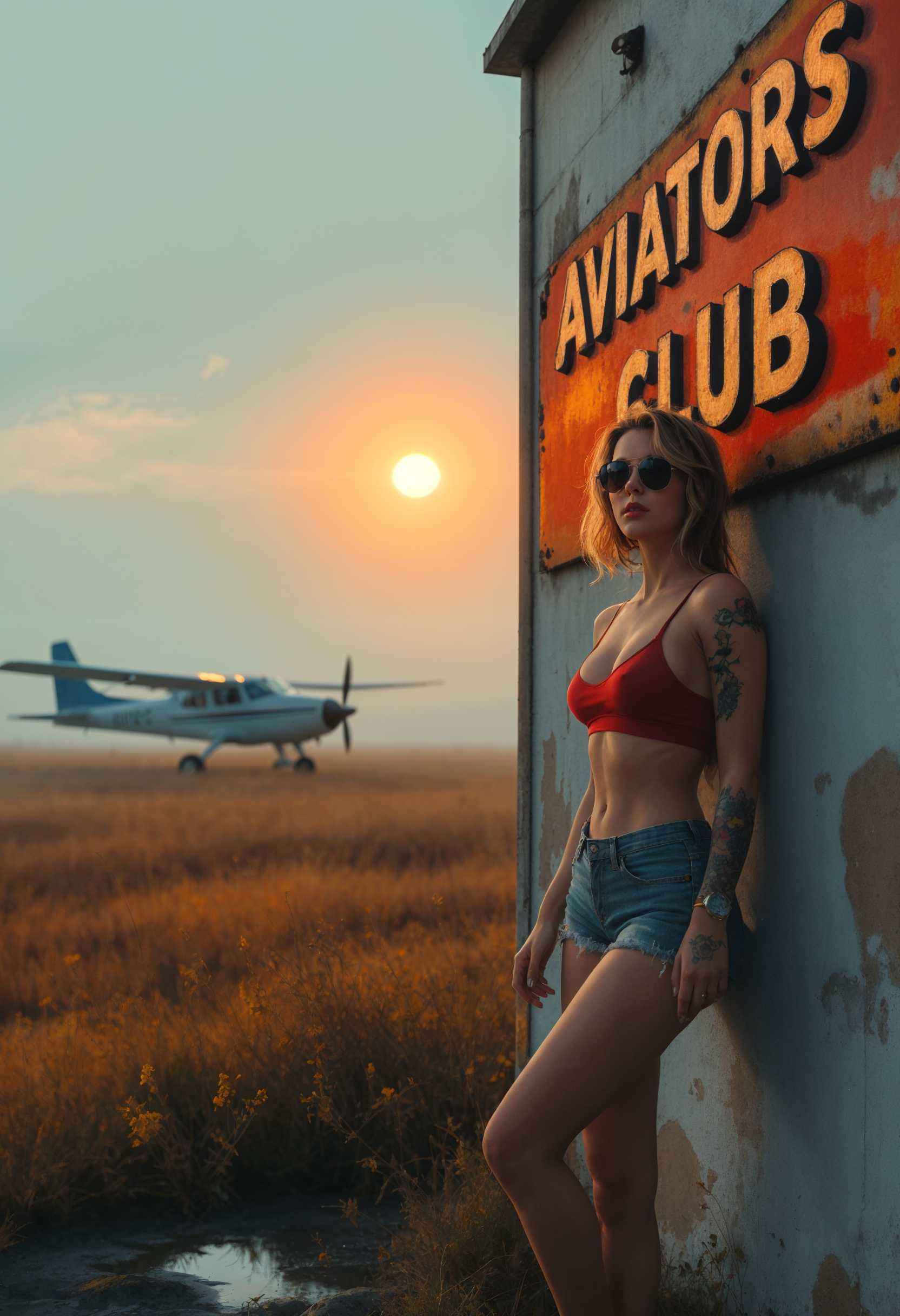 AI-generated image: a huge 1950's sign on the side of the wall with the words title "Aviators Club" Superfine fade colo