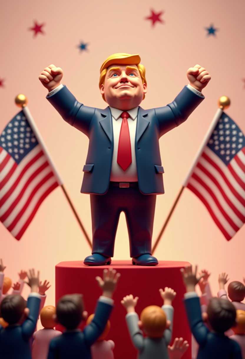 The central animated 3d cartoon clay figure, Trump winning as president with his fists raised high, is the focal point of the image. This placement is strategic as it draws the viewers eye directly to the subjects gesture of victory or success. The figure is elevated on a platform, which further emphasizes their importance and the significance of the moment they are experiencing. The background is minimalistic, with two flags and a few stars, which suggests a patriotic or political context. The flags are positioned symmetrically on either side of the figure, creating a sense of balance. The crowd of people in the foreground, with their hands raised, contributes to the atmosphere of collective celebration or support for the central figure. The use of negative space the empty areas around the figures and objects is effective in drawing attention to the central elements and creating a sense of depth.Lighting The lighting in the image is quite flat and uniform, with no strong shadows or highlights. This choice gives the image a stylized, almost cartoonlike quality. The color palette red, black and white tones contributes to a feeling of energy and dynamism, which complements the celebratory nature of the scene.Style The style of the illustration is reminiscent of a caricature or a simplified form of a cartoon. The low poly animated clay figures are stylized with exaggerated features and simplified lines, which gives the image a playful and approachable feel. 