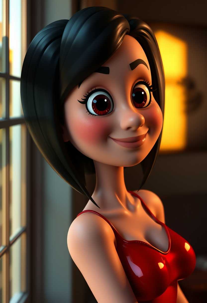 dark haired 3d cartoon model with unnaturally large captivating eyes, small breasts, an incredibly cute smiling face, with shiny red latex dress, perfect pale skin, and visible cleavage. side view, light and shadows from a window are visible on her breasts, dimly lit, cinematic lighting,