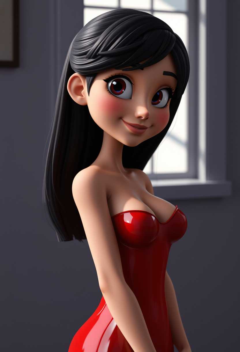 dark haired 3d cartoon model with unnaturally large captivating eyes, small breasts, an incredibly cute smiling face, with shiny red latex dress, perfect pale skin, and visible cleavage. side view, light and shadows from a window are visible on her breasts, dimly lit, cinematic lighting,