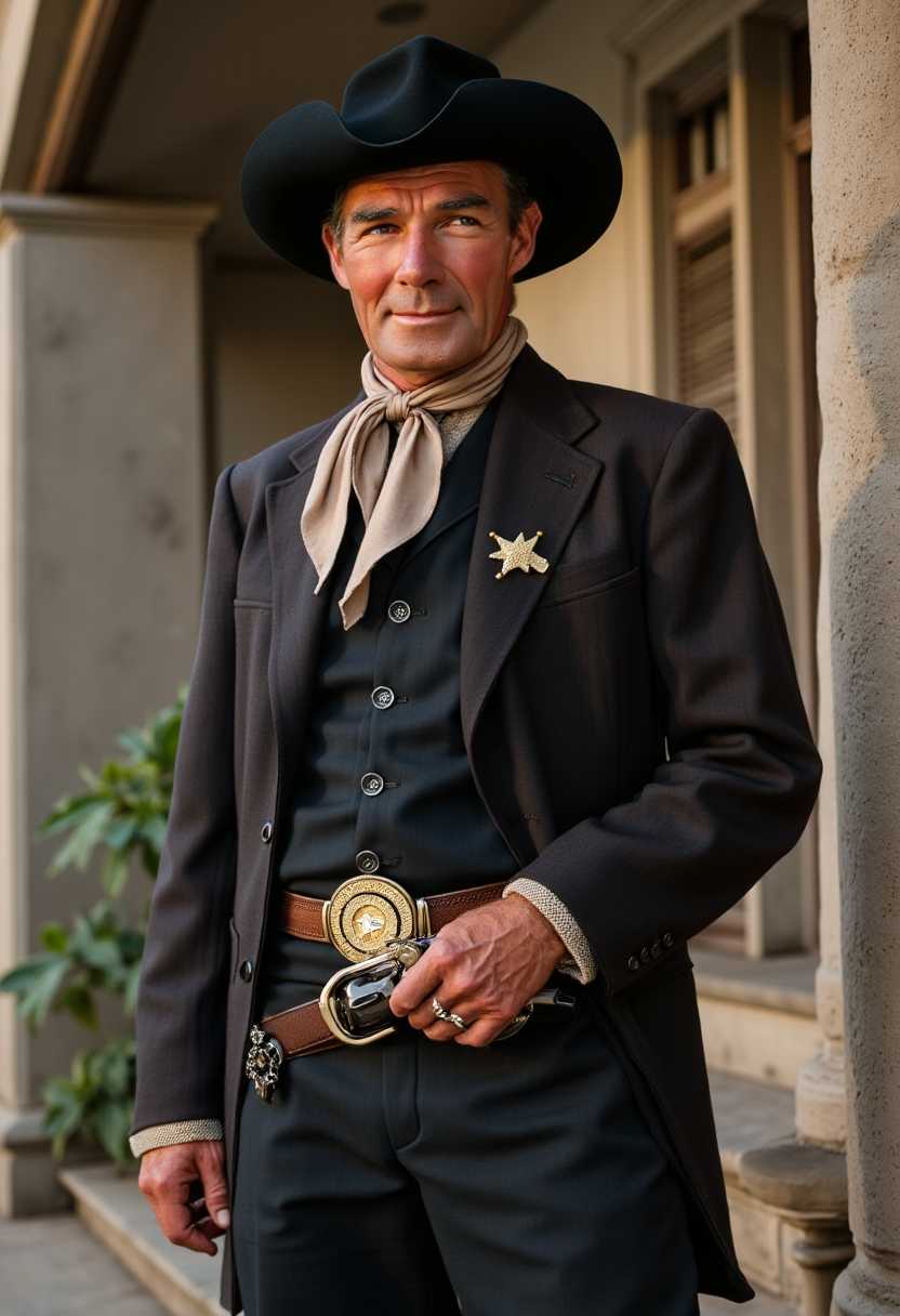 a photo of SCOTT, full body view Randolph Scott wearing a western 1880's Sherriff outfit and badge looking at viewer, facing camera, walking towards the camera, gun belt with smith and wesson gun. smilinging, hd, photography, realism