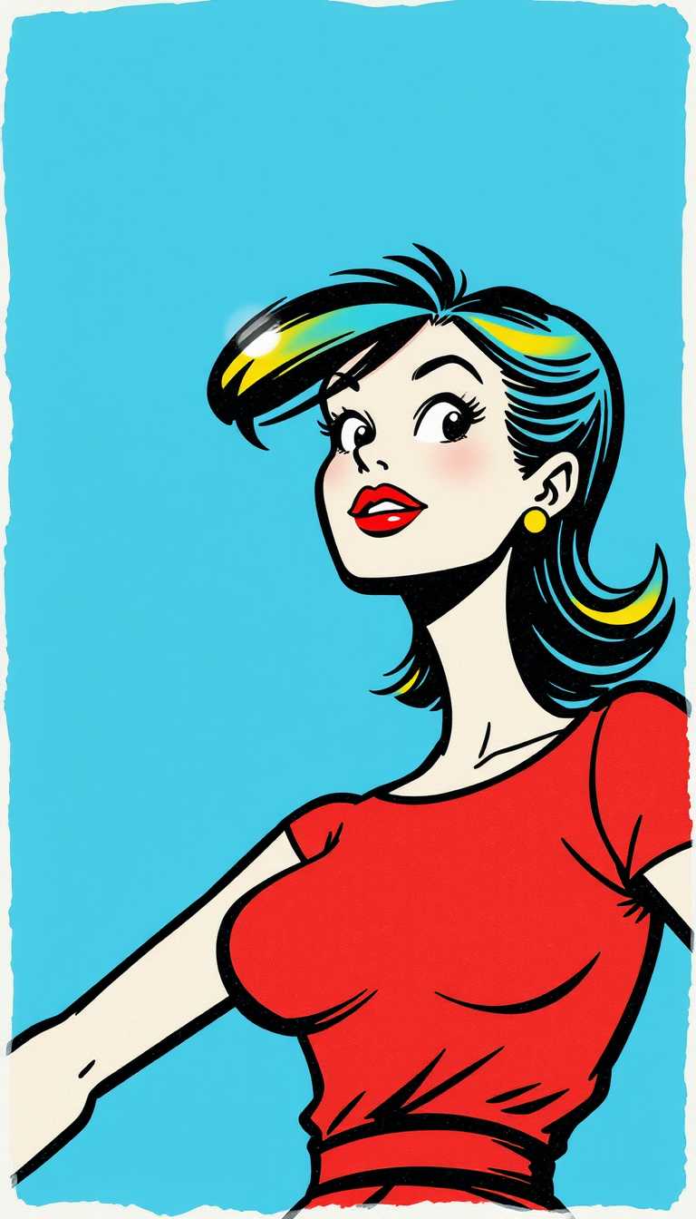 This image is a vibrant and dynamic illustration that captures the essence of a comic book scene. The art style is reminiscent of the 1960s American comic book era, characterized by bold lines, bright colors, and exaggerated expressions. The medium appears to be ink on paper, as evidenced by the texture and the way the ink bleeds and spreads slightly, giving the drawing a handdrawn, authentic feel.The colors are bright and primary, with a limited palette that includes shades of red, blue, yellow, black, and white. This is a digital illustration that features a stylized female figure against a monochromatic blue background. The art style is contemporary with a touch of digital painting, characterized by its clean lines, vibrant colors, and a sense of movement in the subjects hair and clothing.The medium appears to be a digital painting software, given the smooth blending of colors and the lack of texture that might be present in a traditional painting medium. The use of light and shadow is subtle but present, with the highlights and shadows carefully placed to give the subject a threedimensional form.The colors are bold and saturated, with a clear contrast between the subjects pale hair and the deep blue of her clothing. The hair is a gradient of white to a soft blonde, with the white tones at the tips catching the light and giving the hair a luminous quality. The blue of her clothing is a rich, royal blue, with a lighter blue at the collar and sleeves that fades into the darker blue of the rest of the garment. The subjects earrings are a focal point, with a large hoop design that features a blue and gold color scheme, echoing the blue of her hair and the royal blue of her clothing. The earrings have a modern, geometric design with a circular shape and angular lines that give them a contemporary feel.