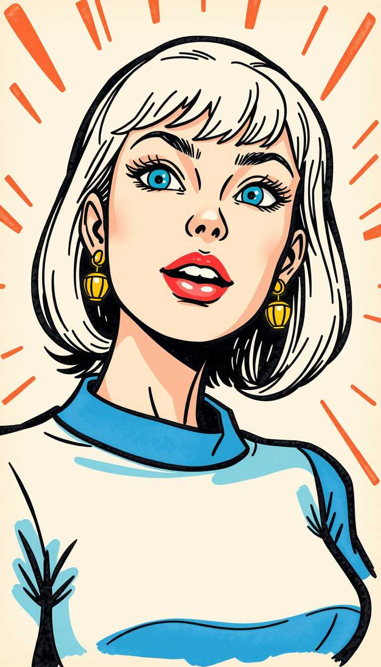 This image is a vibrant and dynamic illustration that captures the essence of a comic book scene. The art style is reminiscent of the 1960s American comic book era, characterized by bold lines, bright colors, and exaggerated expressions. The medium appears to be ink on paper, as evidenced by the texture and the way the ink bleeds and spreads slightly, giving the drawing a handdrawn, authentic feel.The colors are bright and primary, with a limited palette that includes shades of red, blue, yellow, black, and white. The use of light and shadow is subtle but present, with the highlights and shadows carefully placed to give the subject a threedimensional form.The colors are bold and saturated, with a clear contrast between the subjects pale hair and the deep blue of her clothing. The hair is a gradient of white to a soft blonde, with the white tones at the tips catching the light and giving the hair a luminous quality. The blue of her clothing is a rich, royal blue, with a lighter blue at the collar and sleeves that fades into the darker blue of the rest of the garment. The subjects earrings are a focal point, with a large hoop design that features a blue and gold color scheme, echoing the blue of her hair and the royal blue of her clothing. The earrings have a modern, geometric design with a circular shape and angular lines that give them a contemporary feel.