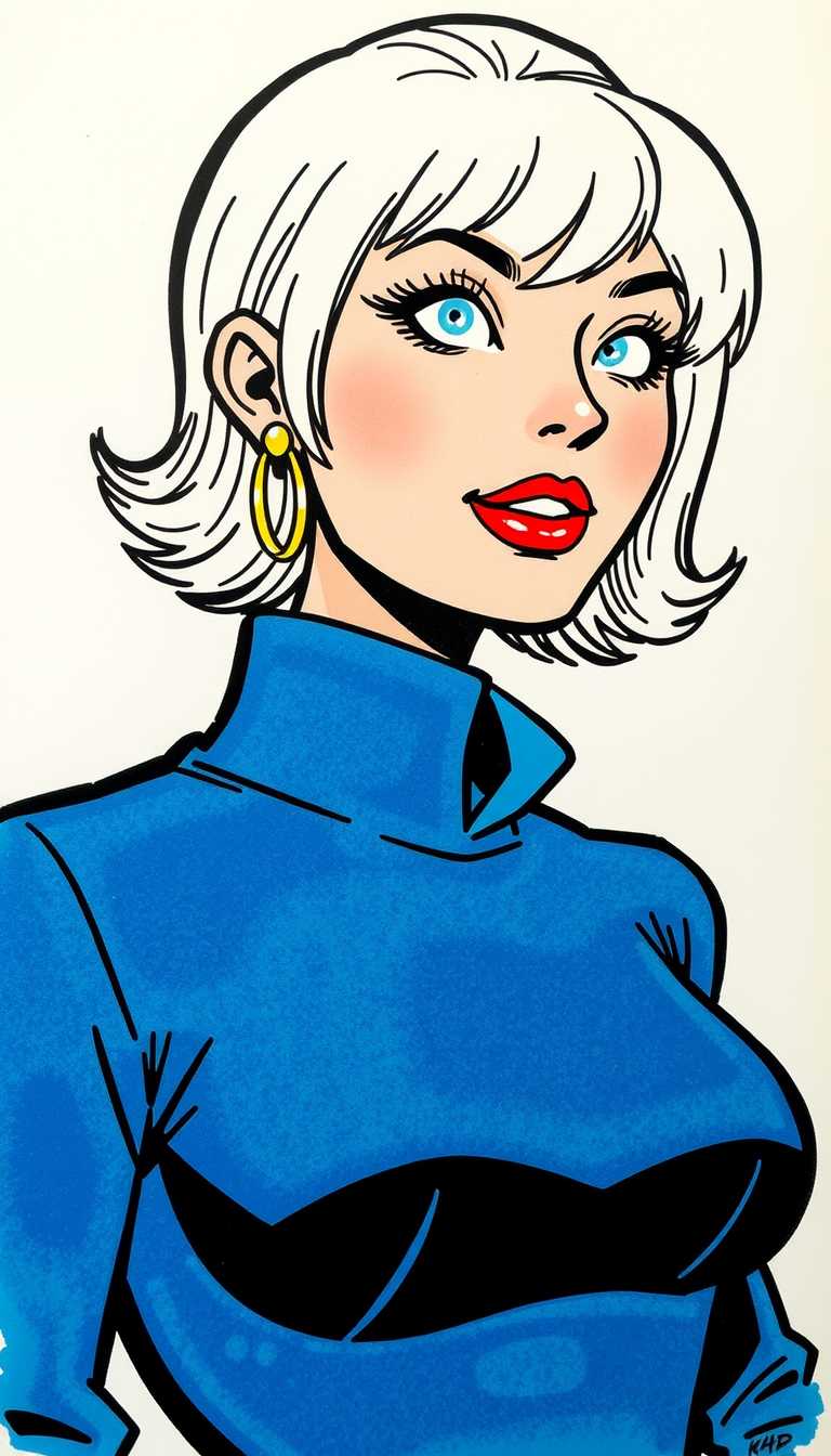 This image is a vibrant and dynamic illustration that captures the essence of a comic book scene. The art style is reminiscent of the 1960s American comic book era, characterized by bold lines, bright colors, and exaggerated expressions. The medium appears to be ink on paper, as evidenced by the texture and the way the ink bleeds and spreads slightly, giving the drawing a handdrawn, authentic feel.The colors are bright and primary, with a limited palette that includes shades of red, blue, yellow, black, and white. The use of light and shadow is subtle but present, with the highlights and shadows carefully placed to give the subject a threedimensional form.The colors are bold and saturated, with a clear contrast between the subjects pale hair and the deep blue of her clothing. The hair is a gradient of white to a soft blonde, with the white tones at the tips catching the light and giving the hair a luminous quality. The blue of her clothing is a rich, royal blue, with a lighter blue at the collar and sleeves that fades into the darker blue of the rest of the garment. The subjects earrings are a focal point, with a large hoop design that features a blue and gold color scheme, echoing the blue of her hair and the royal blue of her clothing. The earrings have a modern, geometric design with a circular shape and angular lines that give them a contemporary feel.