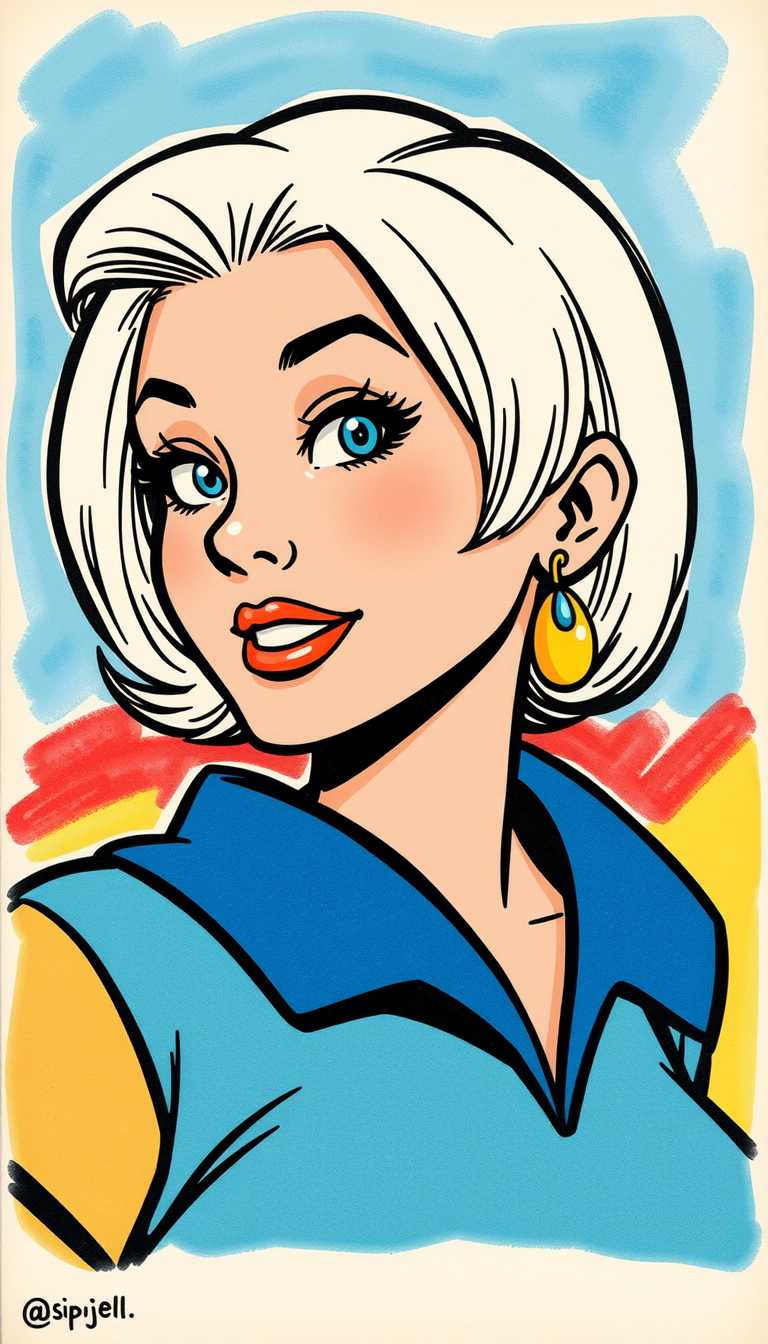 This image is a vibrant and dynamic illustration that captures the essence of a comic book scene. The art style is reminiscent of the 1960s American comic book era, characterized by bold lines, bright colors, and exaggerated expressions. The medium appears to be ink on paper, as evidenced by the texture and the way the ink bleeds and spreads slightly, giving the drawing a handdrawn, authentic feel.The colors are bright and primary, with a limited palette that includes shades of red, blue, yellow, black, and white. The use of light and shadow is subtle but present, with the highlights and shadows carefully placed to give the subject a threedimensional form.The colors are bold and saturated, with a clear contrast between the subjects pale hair and the deep blue of her clothing. The hair is a gradient of white to a soft blonde, with the white tones at the tips catching the light and giving the hair a luminous quality. The blue of her clothing is a rich, royal blue, with a lighter blue at the collar and sleeves that fades into the darker blue of the rest of the garment. The subjects earrings are a focal point, with a large hoop design that features a blue and gold color scheme, echoing the blue of her hair and the royal blue of her clothing. The earrings have a modern, geometric design with a circular shape and angular lines that give them a contemporary feel.