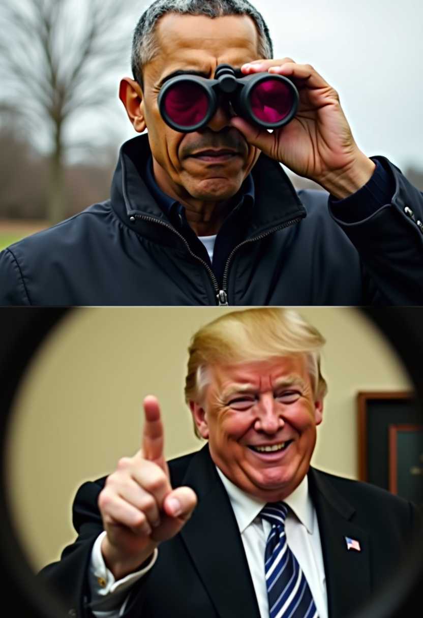 This image is a composite of two photographs, edited together to create a humorous effect. The top half of the image shows a Burrak Obama, who appears to be a man, standing outdoors. He is wearing a dark colored jacket and is holding a pair of binoculars to his eyes. The binoculars are black with red lenses, and the focus is on the right lens, which is larger than the left. The mans expression is one of intense focus, and his eyebrows are furrowed, suggesting he is looking intently into the distance. The bottom half of the image shows the view through the binoculars. It is a closeup of another person, who appears to be a Donald Trump, with blond hair and a broad smile. He is wearing a dark suit and a tie, and his extending his middle finger is raised in a gesture that is commonly interpreted as, flipping off, flipping the bird, middle finger. The background through the binoculars is indistinct, but it seems to be an interior space with a cream-colored wall and a dark colored object, possibly a piece of furniture, in the corner. The overall art style of the image is realistic, with a focus on the details of the subjects and the objects in the scene. The medium appears to be digital, given the clean lines and the ability to edit the images together seamlessly. The colors are muted, with the dark jackets and suits providing contrast against the lighter background colors. The red lenses of the binoculars stand out as a pop of color in the otherwise subdued palette.