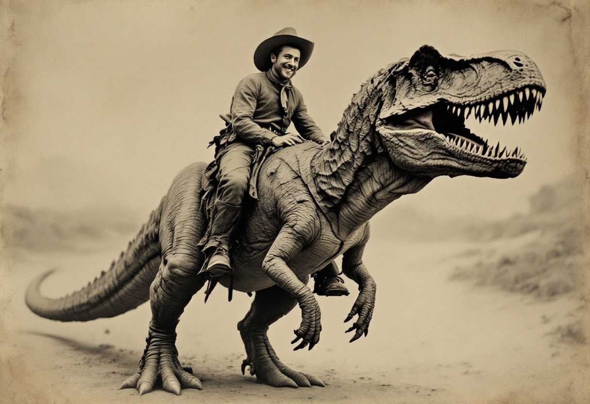 Western Cowboy on a TRex Dinosaur A Surreal and Humorous Scene