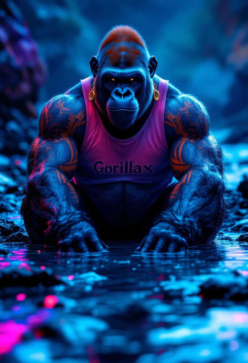 Frontal Neon Light Visual: A muscular gorilla seen frontal, illuminated by a blue neon light coming from the left side. Glossy skin reflects cool colors of the light, while gold and red tribal tattoos create a strong chromatic contrast. Wet rocks on the beach and water reflect neon light, with defined details. The pink "Gorillax" tank top illuminates slightly in blue light, and the gold earrings catch tiny sparkles