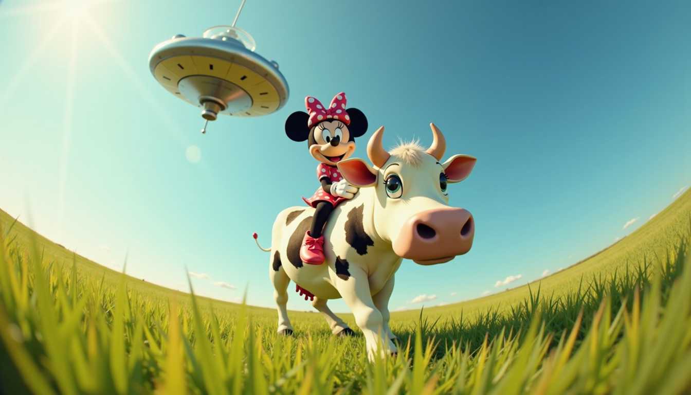 masterpiece, best quality, highres, sharp image, more detail <lora:more_details:0.5> <lora:SDXLrender_v2.0:1>, A whimsical scene depicting Minnie Mouse riding atop a gentle, spotted cow across a vibrant, green meadow. The image is captured using a fisheye lens, creating a playful distortion that curves the horizon and emphasizes Minnie's joyful expression and the cow's large, expressive eyes. Above them, a shiny, metallic UFO hovers in the clear blue sky, casting a subtle shadow on the lush grass below. The scene is bathed in warm, late afternoon sunlight, adding a serene, golden hue to the atmosphere. The composition blends elements of cartoonish fantasy with surrealistic photography, ensuring a delightful and immersive visual experience.