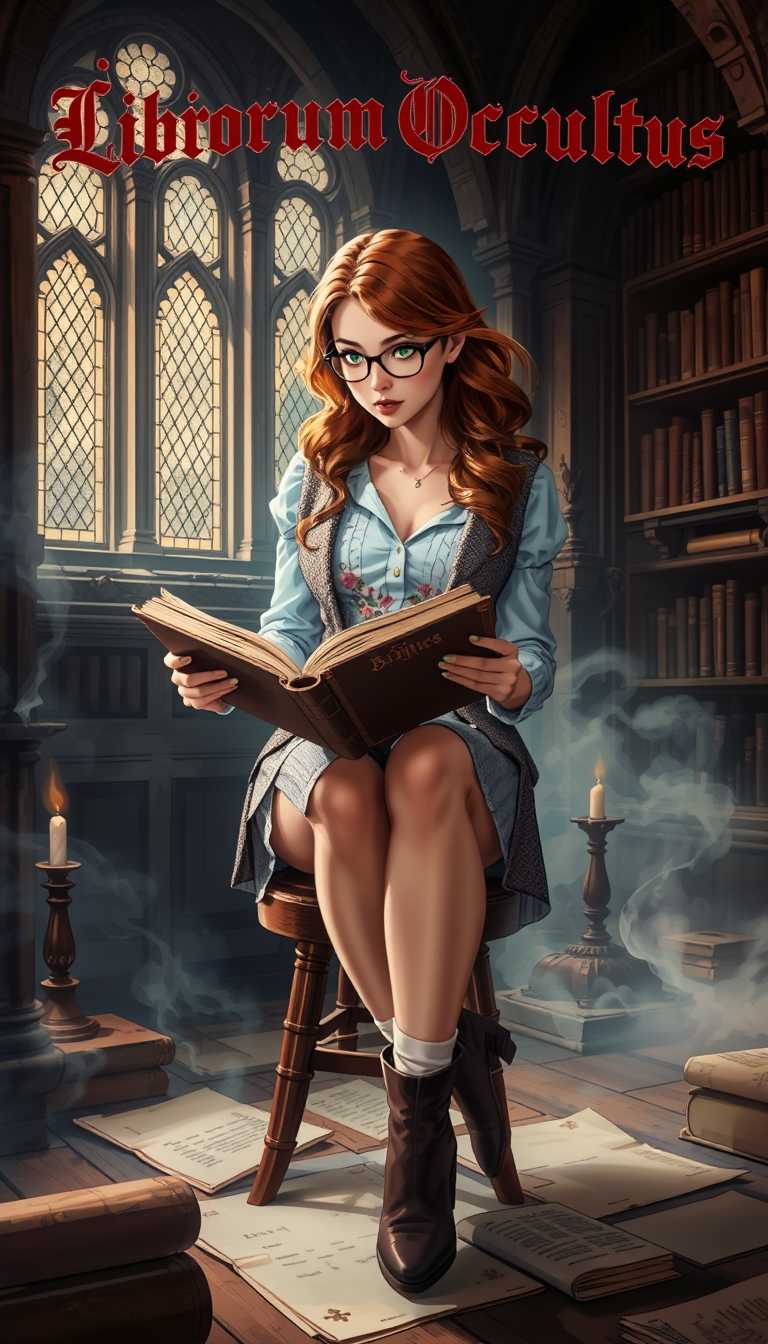 zavy-ctcmcs, Curving across the top center of the image is written in small red, grey shadowed gothic text, "Librorum Occultus" Pretty woman. Hourglass figure, narrow waist. Long wavey auburn hair. Green eyeshadow, black mascara. Black glasses. Rose red lipstick. long finger nails, green nail polish. she is reading an open ancient tome. Light blue open front blouse, floral waistcoat. Short pleated tweed skirt. White calf length socks. Brown platformed high heeled ankle boots. Sitting on a stool in an ancient library, parchment and scrolls on floor. stained glass windows. Ghostly mists. Light from windows illuminating the scene.