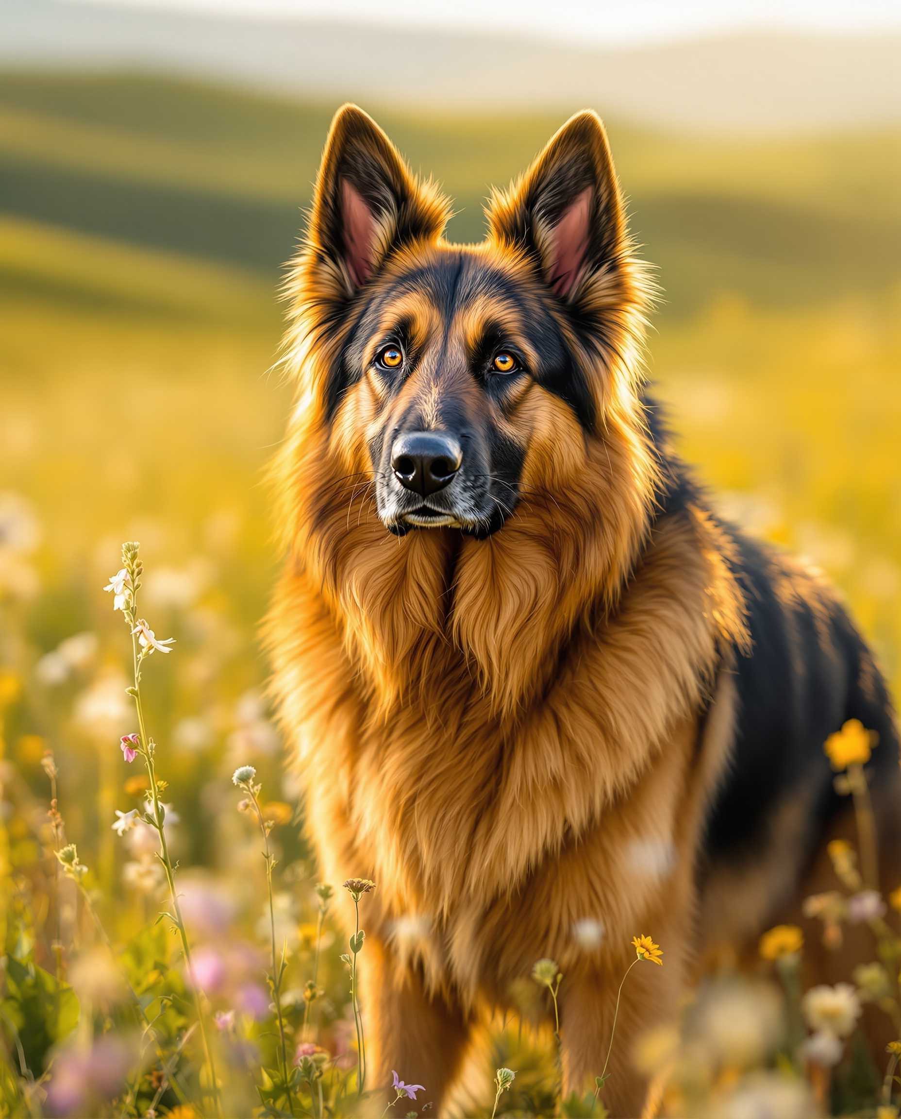 A majestic German Shepherd standing proudly in a sunlit meadow, its thick, glossy coat glistening under the warm, golden afternoon sun. The dog's intelligent eyes are focused, and its ears are perked in attentive curiosity. In the background, rolling hills and a scattering of wildflowers add depth and color to the scene. Capture the image using a shallow depth of field to gently blur the background, emphasizing the subject. Employ a warm color palette to enhance the serene and tranquil mood, evoking a sense of peaceful companionship with nature. The composition is set at a slightly elevated angle, highlighting the dog's strong silhouette against the vibrant landscape.