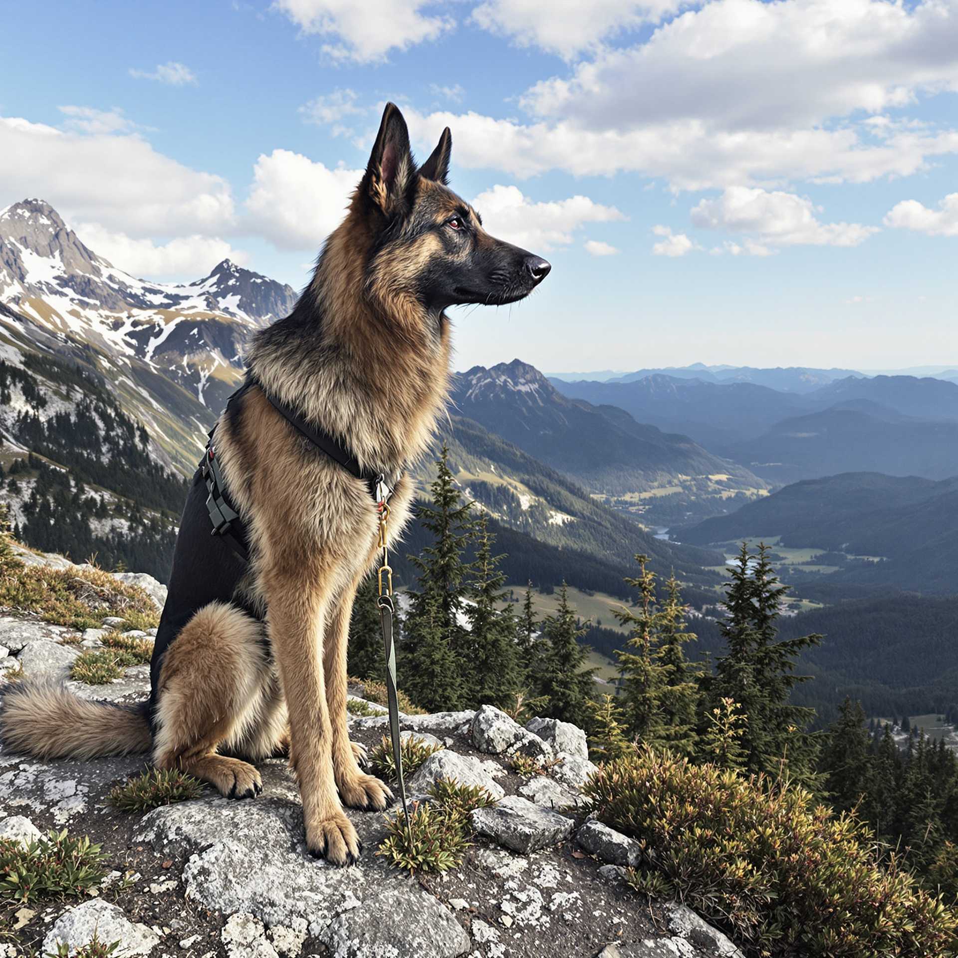 a german shepherd on a mountain