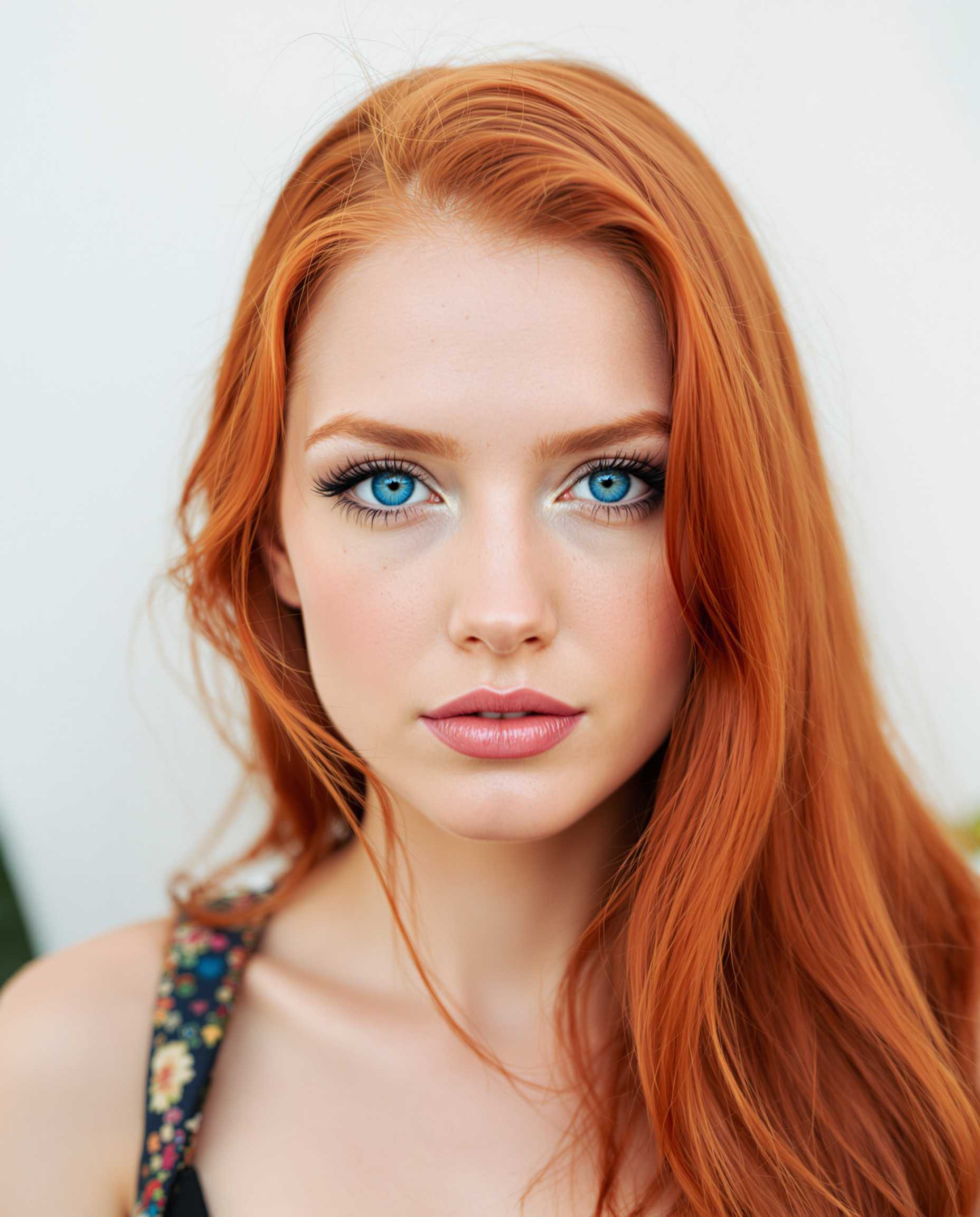 A close-up photographic portrait of a beautiful redhead woman with electric blue eyes.