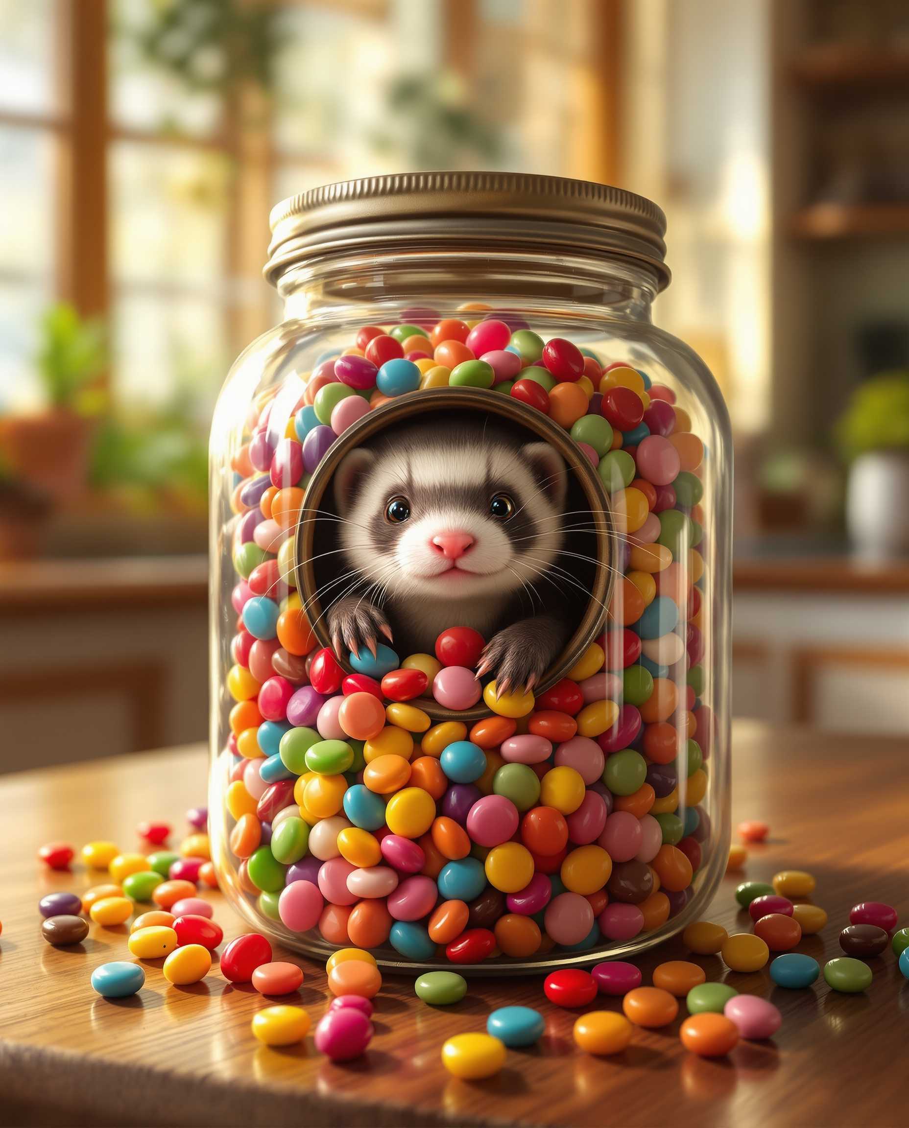 A mischievous ferret with a playful grin squeezes itself into a large glass jar, surrounded by colorful candy. The jar sits on a wooden table in a cozy kitchen, and warm sunlight filters through a nearby window
