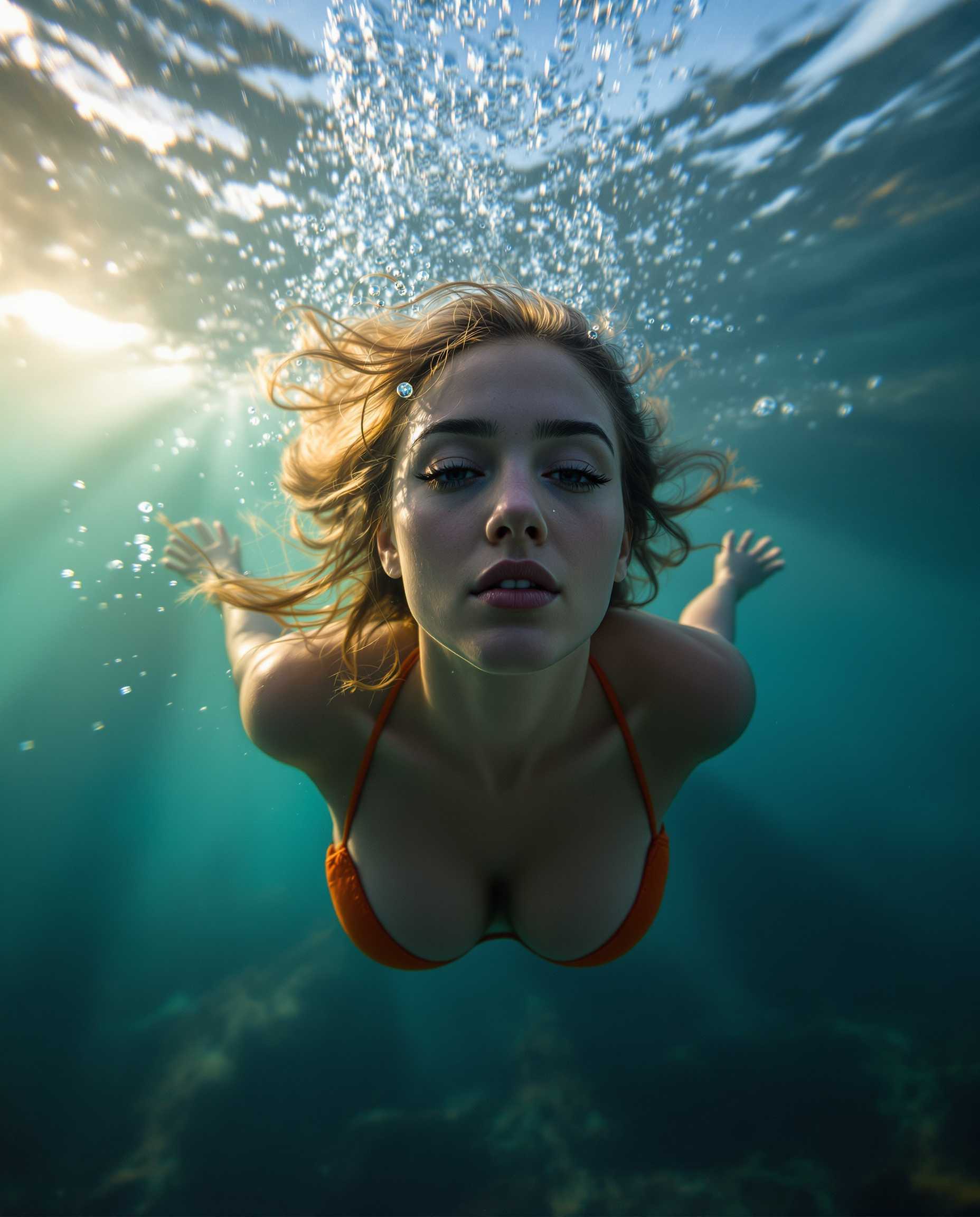 woman is swimming underwater, underwater photography, rays of light, realistic, photo, ultra detail
