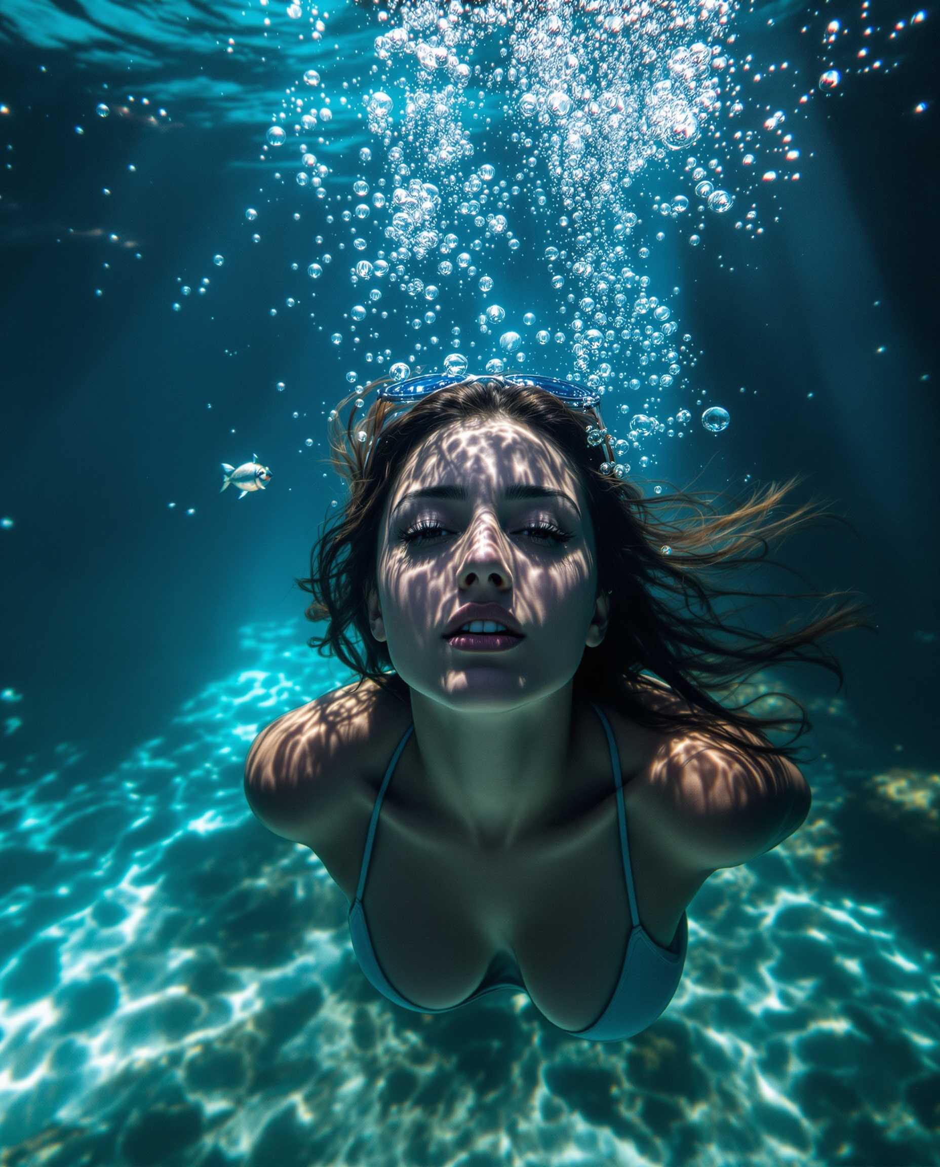woman is swimming underwater, underwater photography, rays of light, realistic, photo, ultra detail
