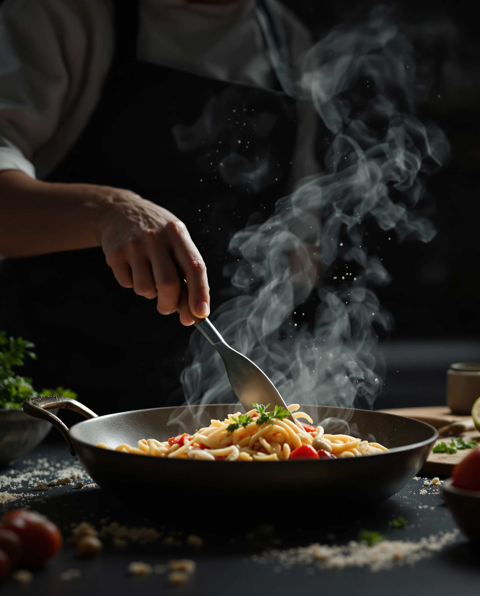 realistic shot of a Culinary chef cooking in a kitchen,soft lighting, dark background, still life photography, minimalist style, closeup shots, commercial advertising, high-definition images, rich details, exquisite textures, high saturation, symmetrical composition in the style of minimalism.