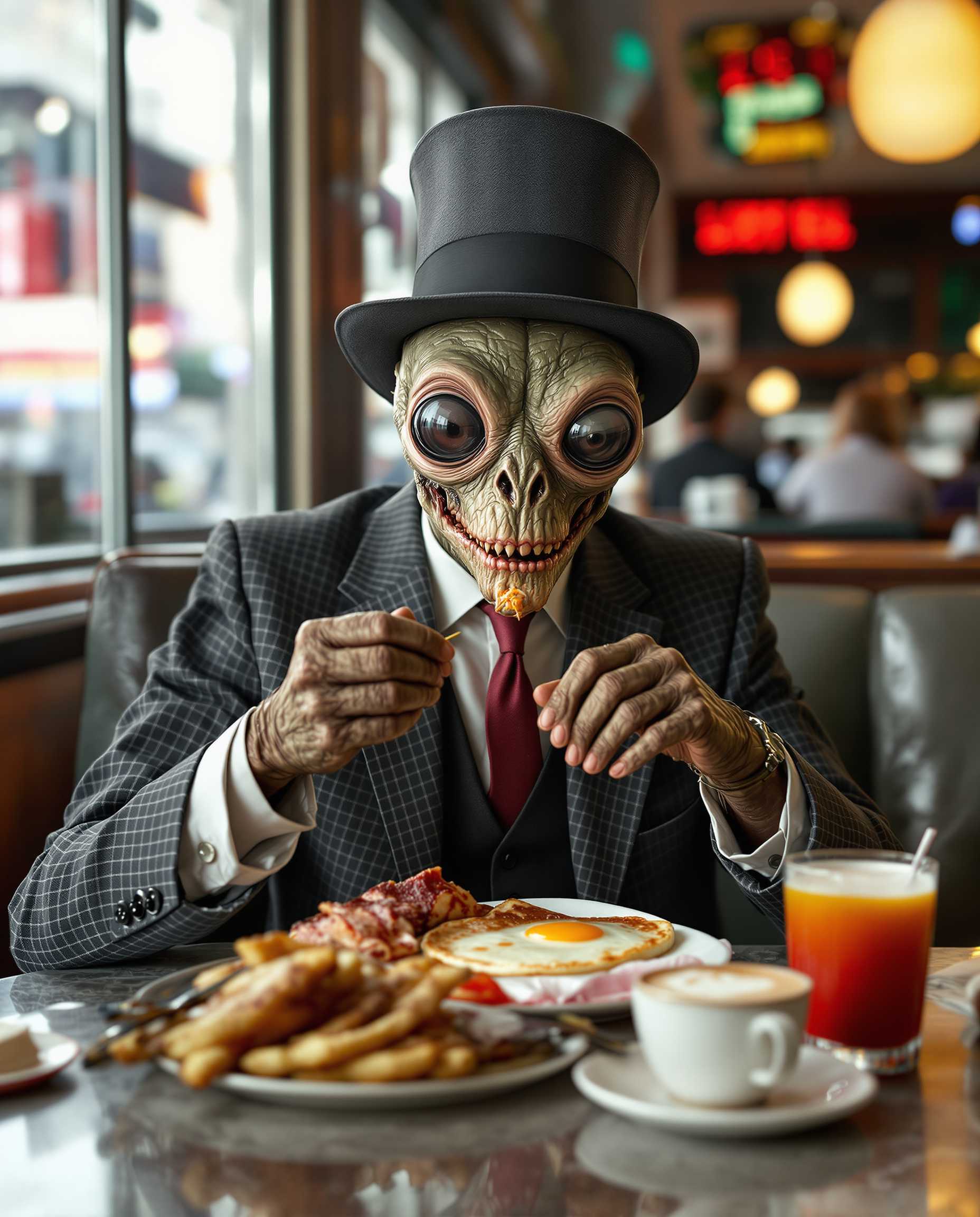 a well dressed alien eating full English breakfast at a typical American diner, reporting photography, newspaper shot
