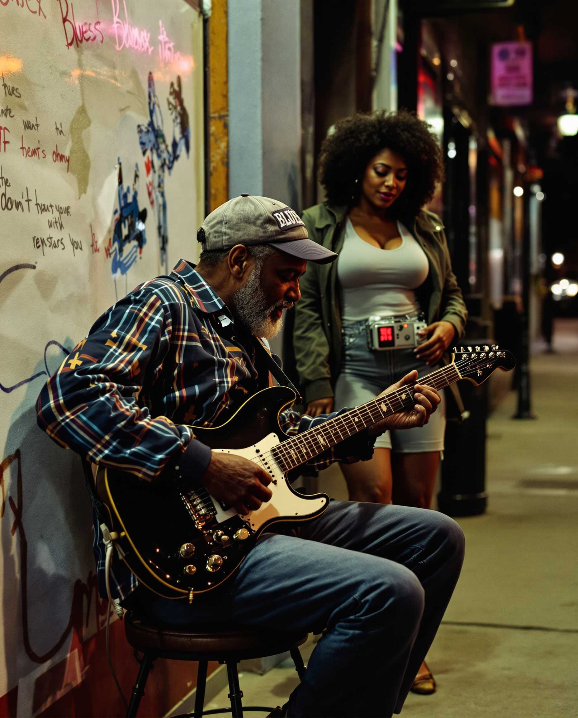 Capture the essence of a seasoned blues guitarist, passionately strumming his electric guitar while seated on a stool along a Bronx sidewalk on a Saturday night. Behind him stands a beautiful woman of color, fully immersed in the soulful music he creates.