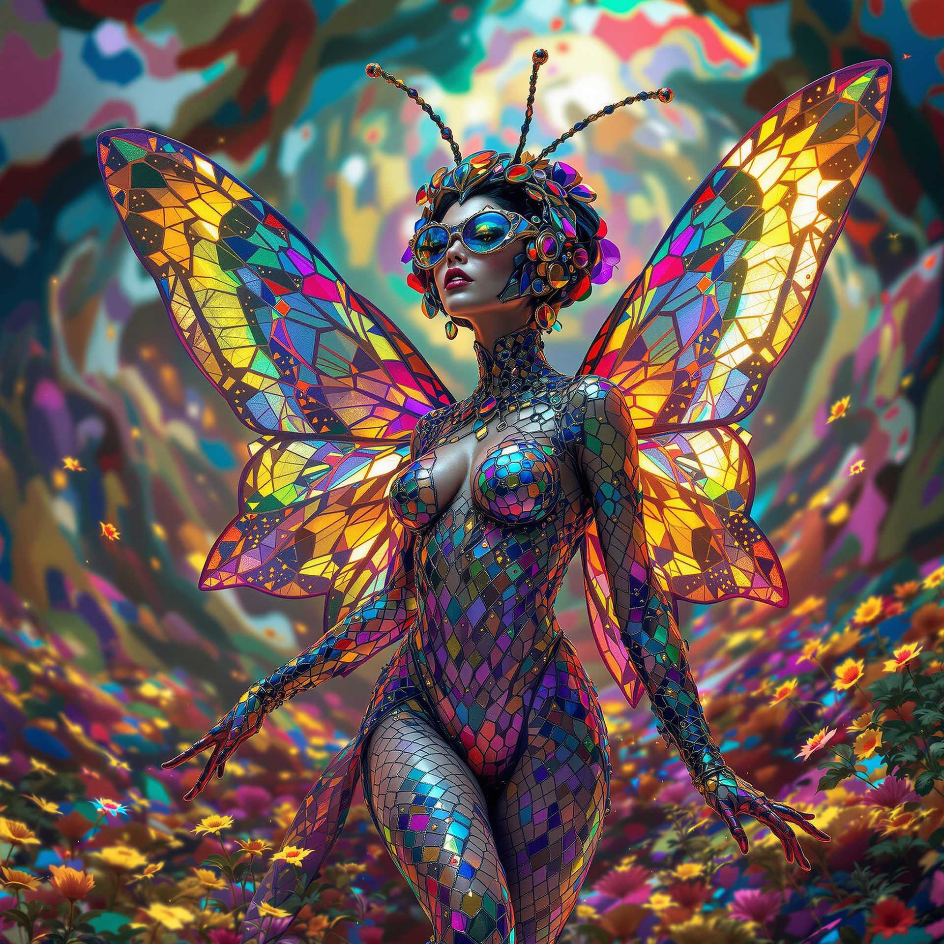 Vividly Colored Butterfly Woman in a Stunning Stained Glass Costume