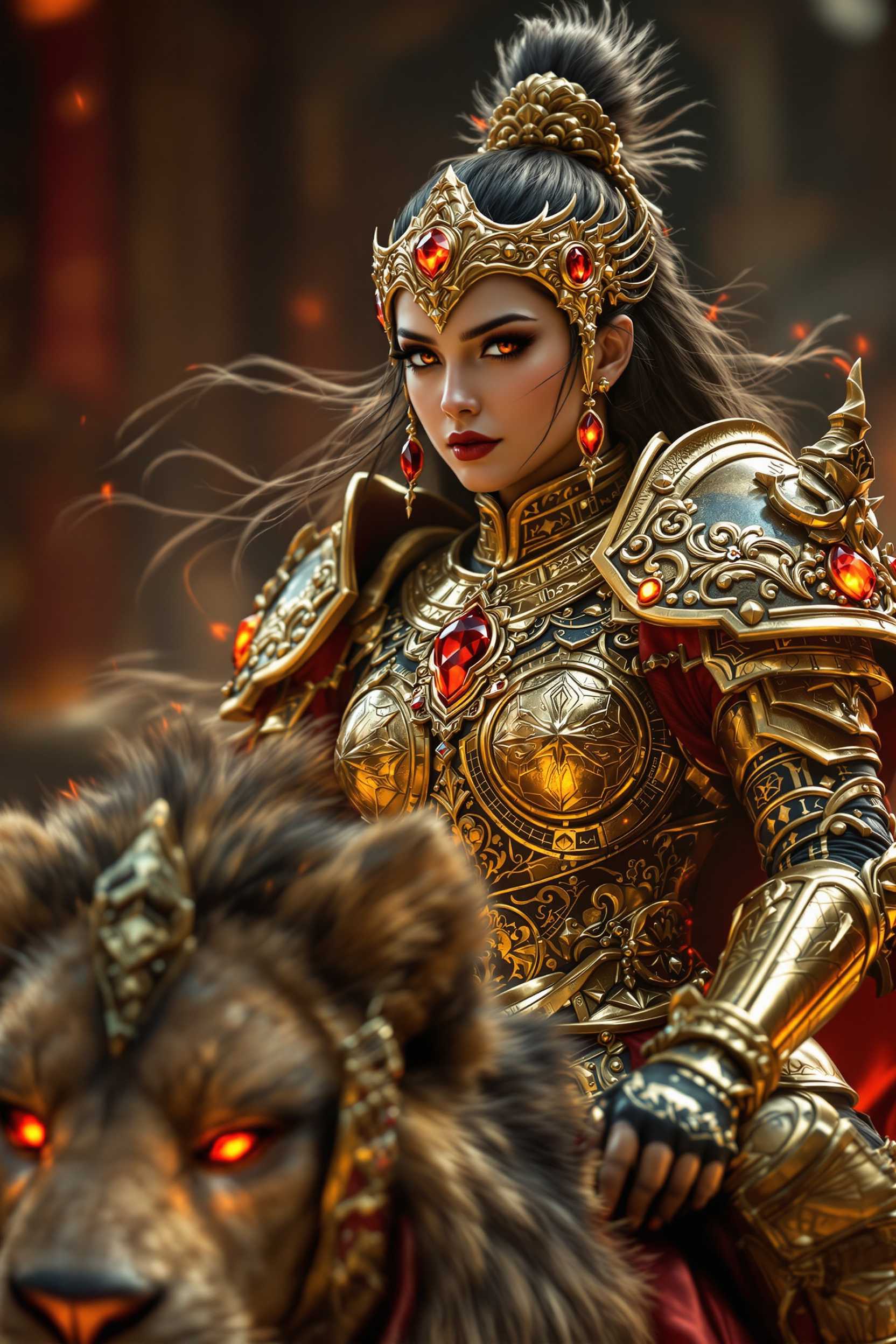 Depict a realistic, photorealistic, 8k, cinematic, and highly detailed image of an Epic and Imposing Intro "Get up close to capture the details of the warrior's armor as she rides atop a 2x life-size lion. The warrior's golden armor features ornate engravings and details that connect with the adornments of the lion's armor. Her red jewels emit an otherworldly glow, reflecting the ambient light and suggesting magical energy. Each piece of armor has unique symbols and patterns, reinforcing the look of this legendary and mystical warrior."