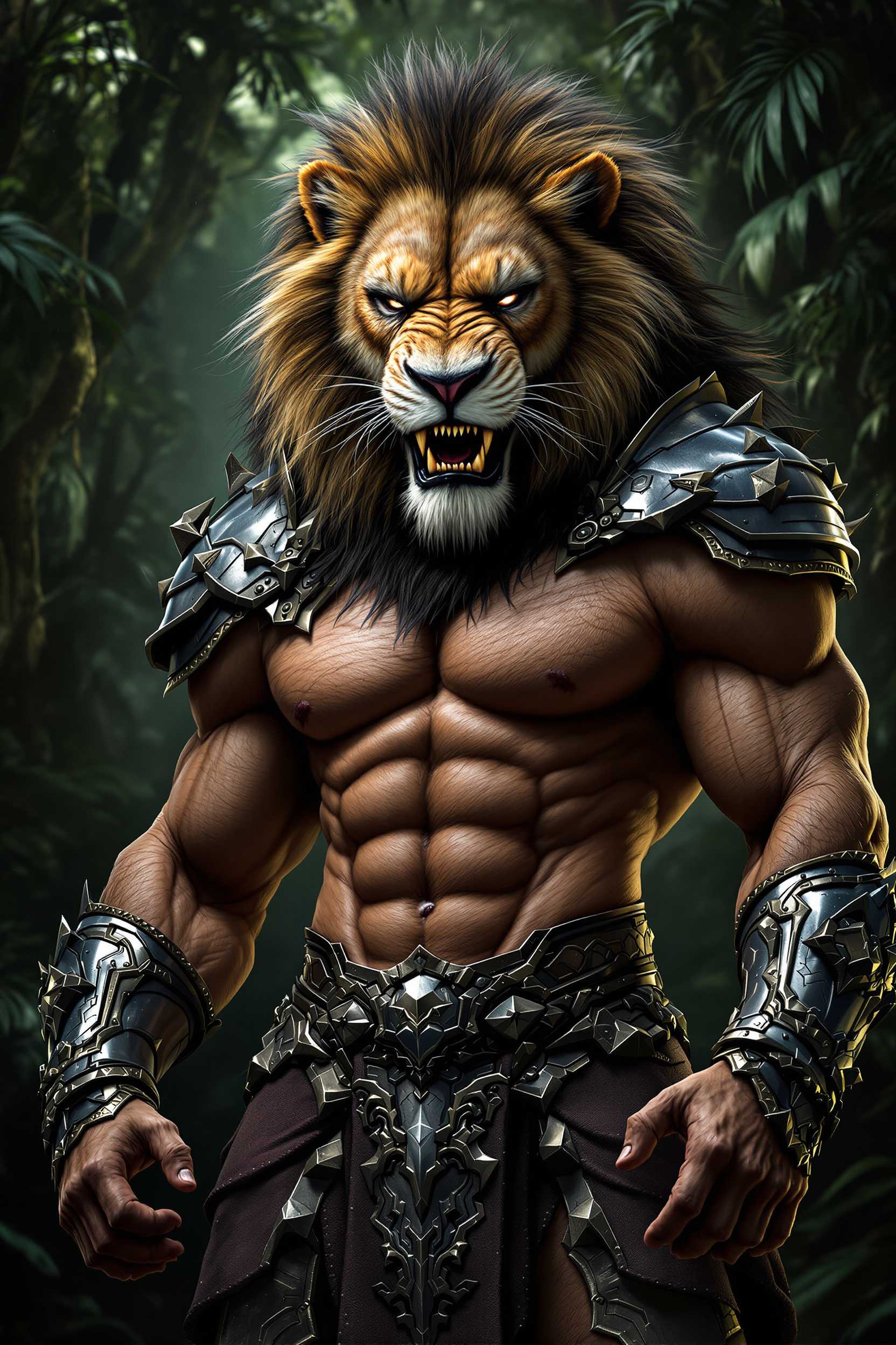  Create an impressive image of a hybrid being that combines an extremely tall and muscular man's body with the majestic head of a lion, which displays a ferocious expression. The man should be dressed in intricately detailed iron armor that highlights his powerful and impressive muscles. The armor should reflect the light, while the lion's head shows sharp teeth and piercing eyes, emphasizing its ferocity. The background should be a lush jungle, which complements the hybrid's wild nature, with dramatic lighting that highlights the details of the armor and the texture of the human skin.