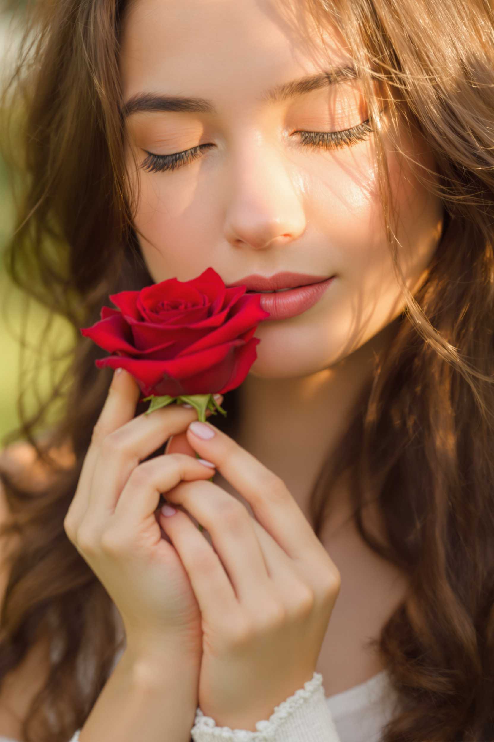 In a soft-focused close-up, a young woman stands gracefully, holding a single red rose close to her face. Her expression is one of tranquility, illuminated by warm afternoon sunlight. The smooth texture of the rose contrasts beautifully with her delicate features, framed by gently tousled hair. The background is softly blurred, enhancing the romantic and serene atmosphere while keeping the focus on her and the flower's vibrant color.