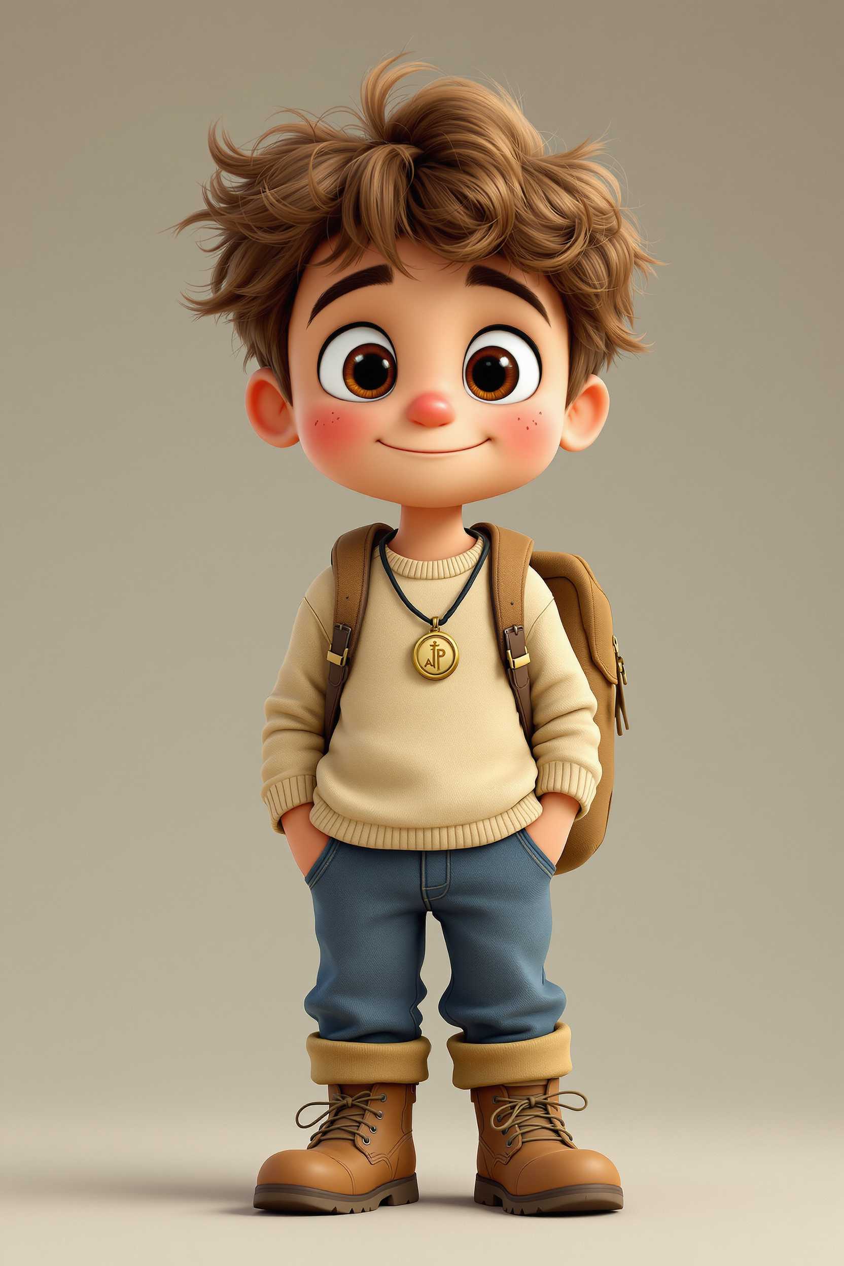 Create a cartoon character. He should be young, with light brown, curly, and slightly messy hair, and large expressive eyes that reflect his curiosity and wonder about the world. He has a slightly chubby face, which makes him adorable, with a few light freckles on his cheeks and nose. He is of average height, agile, and ready for adventure. His outfit consists of a simple, long-sleeve beige t-shirt without complex patterns and blue pants. On his feet, he wears brown leather boots, and he has a small brown canvas backpack on his back, giving him an explorer's look. He wears an accessory around his neck—a black cord necklace with a round, gold talisman. His facial expression should convey enthusiasm and curiosity.
