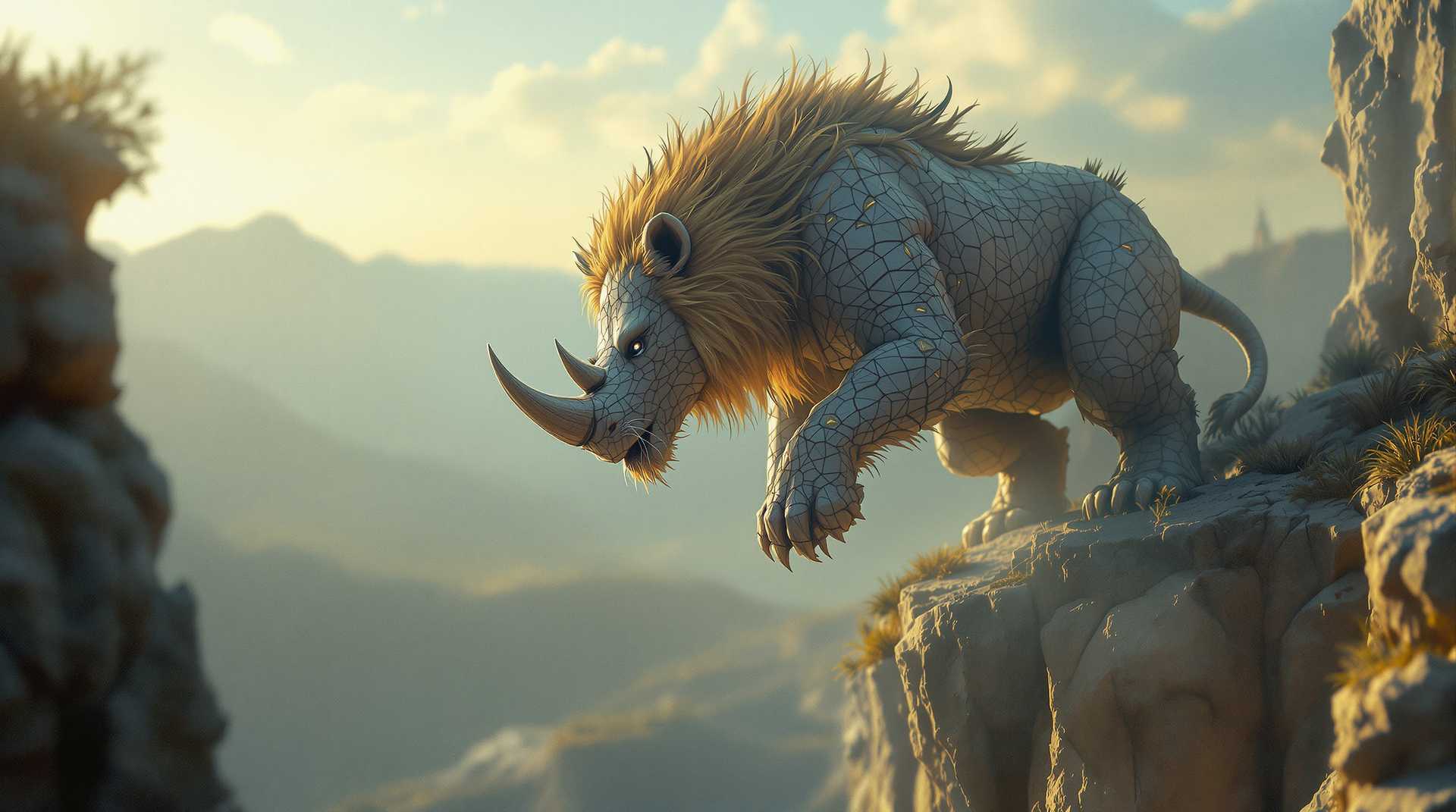 a complex and intricate raw photograph of a fantastical creature with Baby lion head and rhinoceros body, gathering, bokeh background, cinematic lighting, shallow depth of field, 35mm wide angle lens, sharp focus, cinematic film still, dynamic angle, Photography, 8k, jumping, rule of thirds, in a cliff during clear sky late evening, comic book with serene mood, with magic ring, heavenly beams