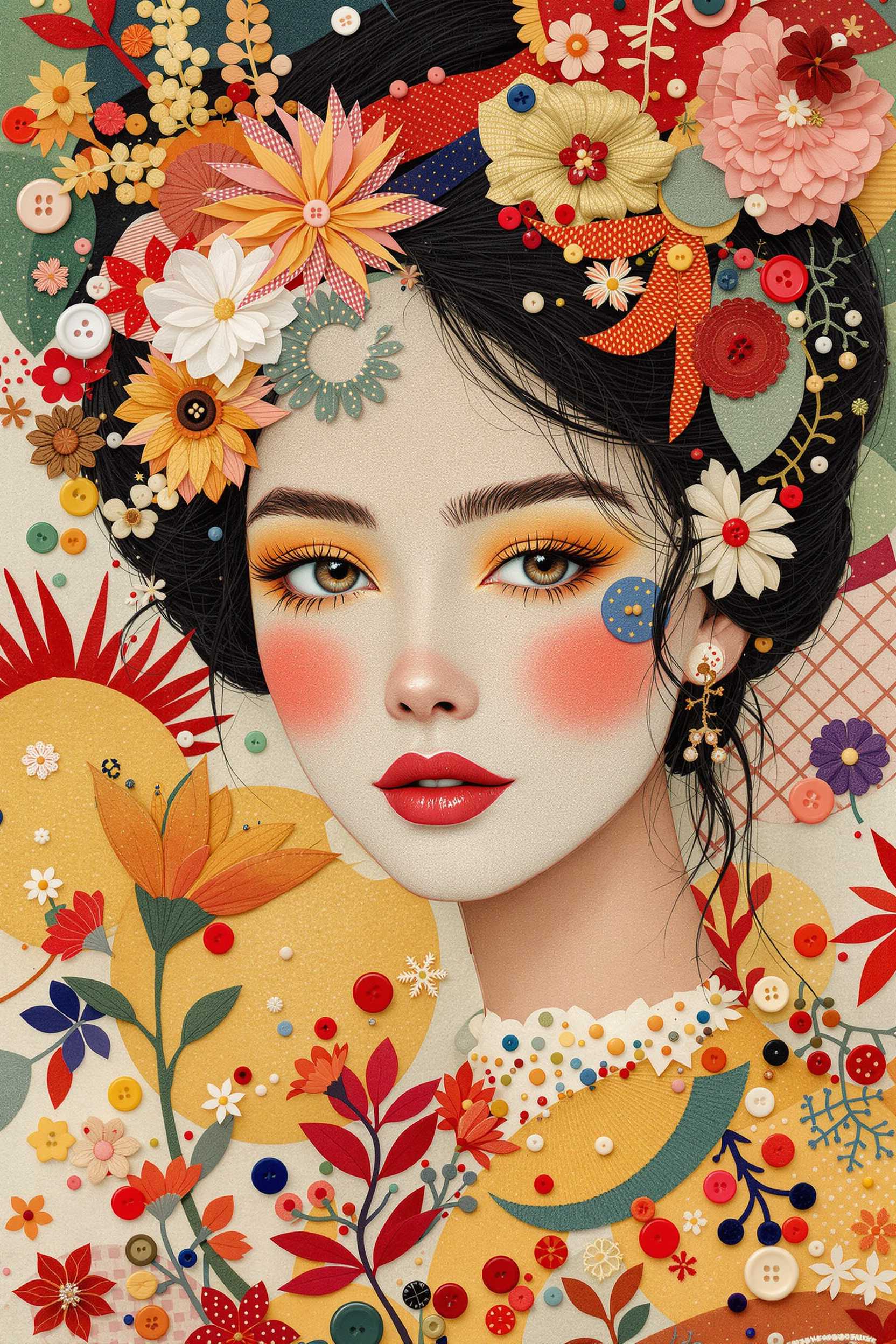 A stunning modern textile art portrait of a woman in her 30s, featuring her face meticulously crafted from various fabric swatches, embroidery, and buttons, exudes an air of timeless elegance and quiet strength. The portrait has a warm and inviting aura, and the background is a blend of vibrant colors and delicate patterns, creating a whimsical yet sophisticated atmosphere. The intricate stitching and layered textile textures give the portrait a handcrafted charm, while the ultra-high resolution of 8K UHD showcases the artist's mastery of digital mixed media. Inspired by ukiyo-e and fashion illustration, this unique piece of conceptual art blends elements of painting and poster design, creating a captivating and cinematic experience.