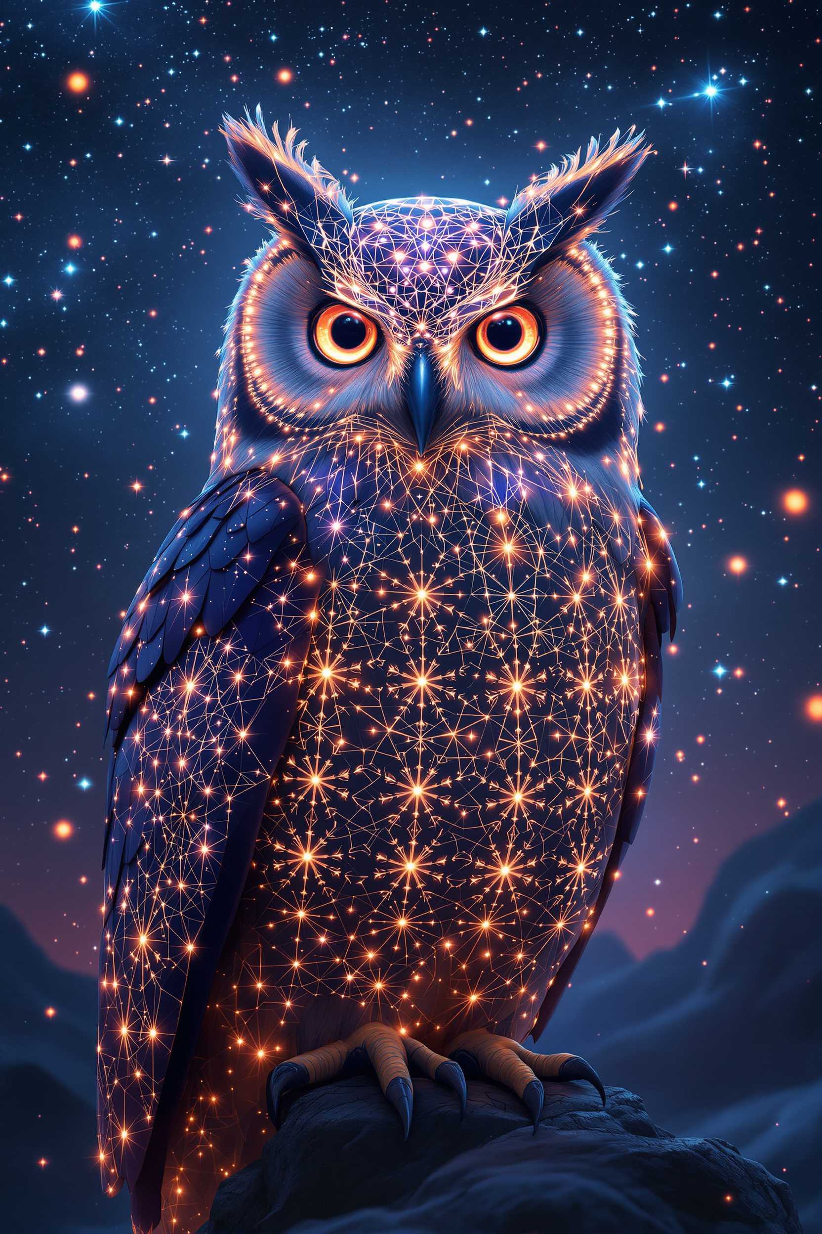 A mesmerizing 3D render illustration captures the essence of a celestial owl, captivating the viewer's attention with its piercing eyes and majestic posture. The owl is adorned with intricate micro-mandala patterns of light that emit a cosmic glow, adding to its otherworldly appearance. In the background, a breathtaking starry night sky sets the scene, highlighting the owl's celestial nature. This enchanting and otherworldly scene perfectly encapsulates the owl's reign over the universe, as it stands proudly amidst the cosmic beauty.