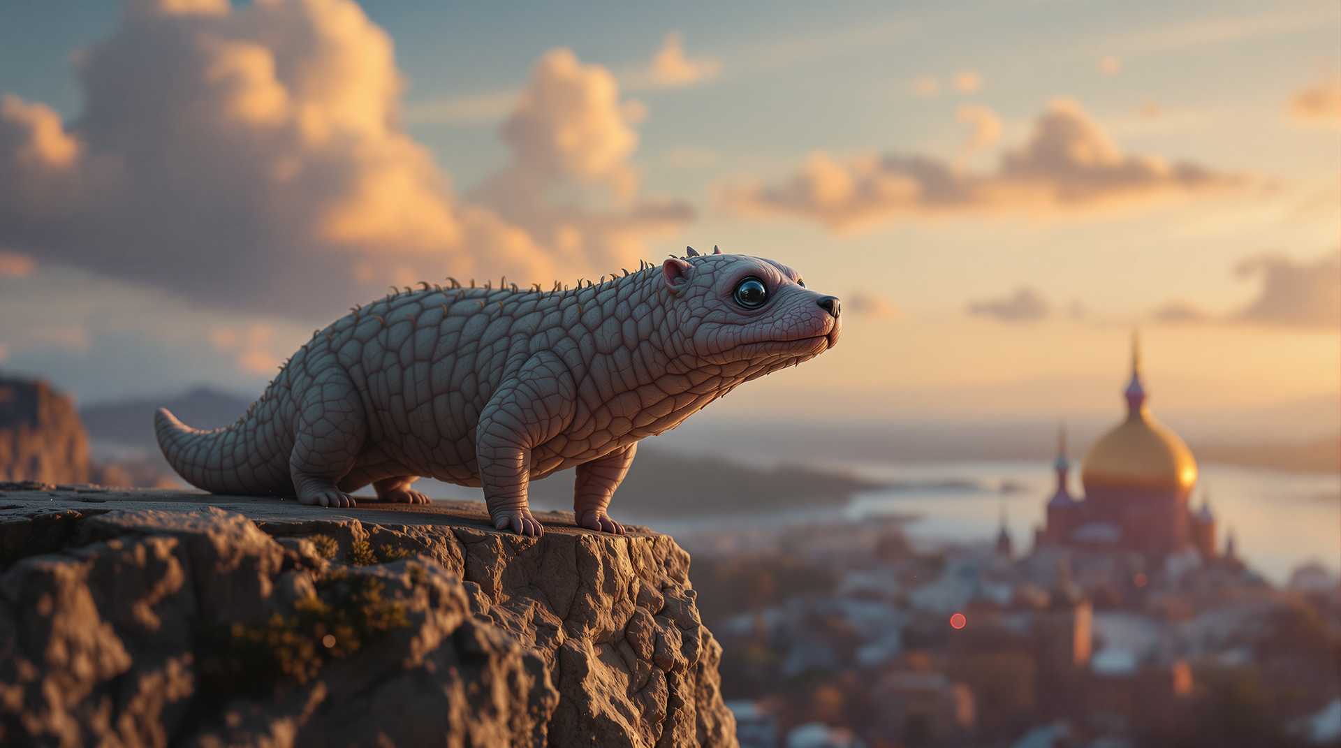 a complex and intricate raw photograph of a fantastical creature with Baby dog head and Slug body, gathering, bokeh background, cinematic lighting, shallow depth of field, 35mm wide angle lens, sharp focus, cinematic film still, dynamic angle, Photography, 8k, jumping, rule of thirds, in a cliff during clear sky late evening, comic book with serene mood, with magic ring, heavenly beams