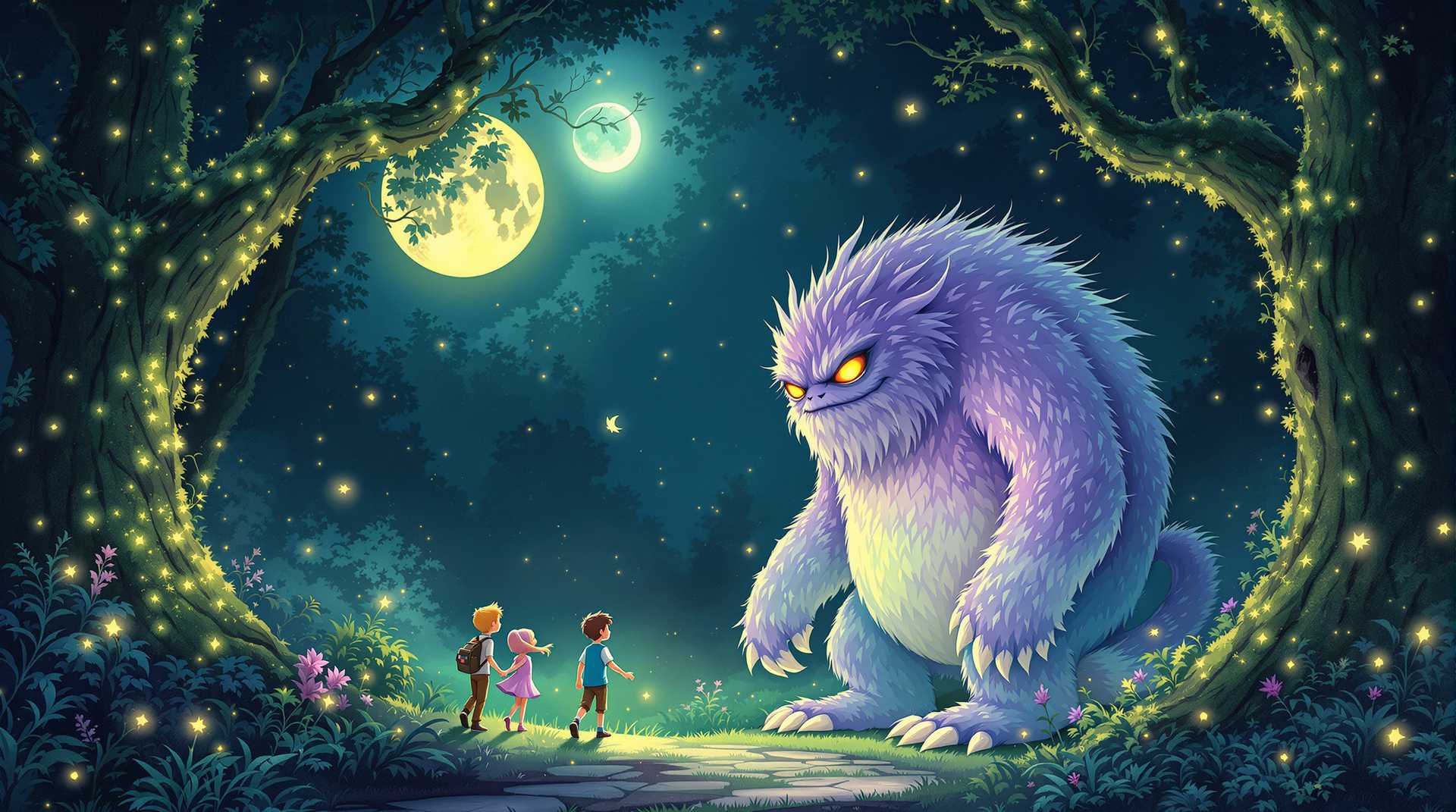 Fantasy Illustration A Family Walks Through a Forest at Night with a Giant Purple Monster
