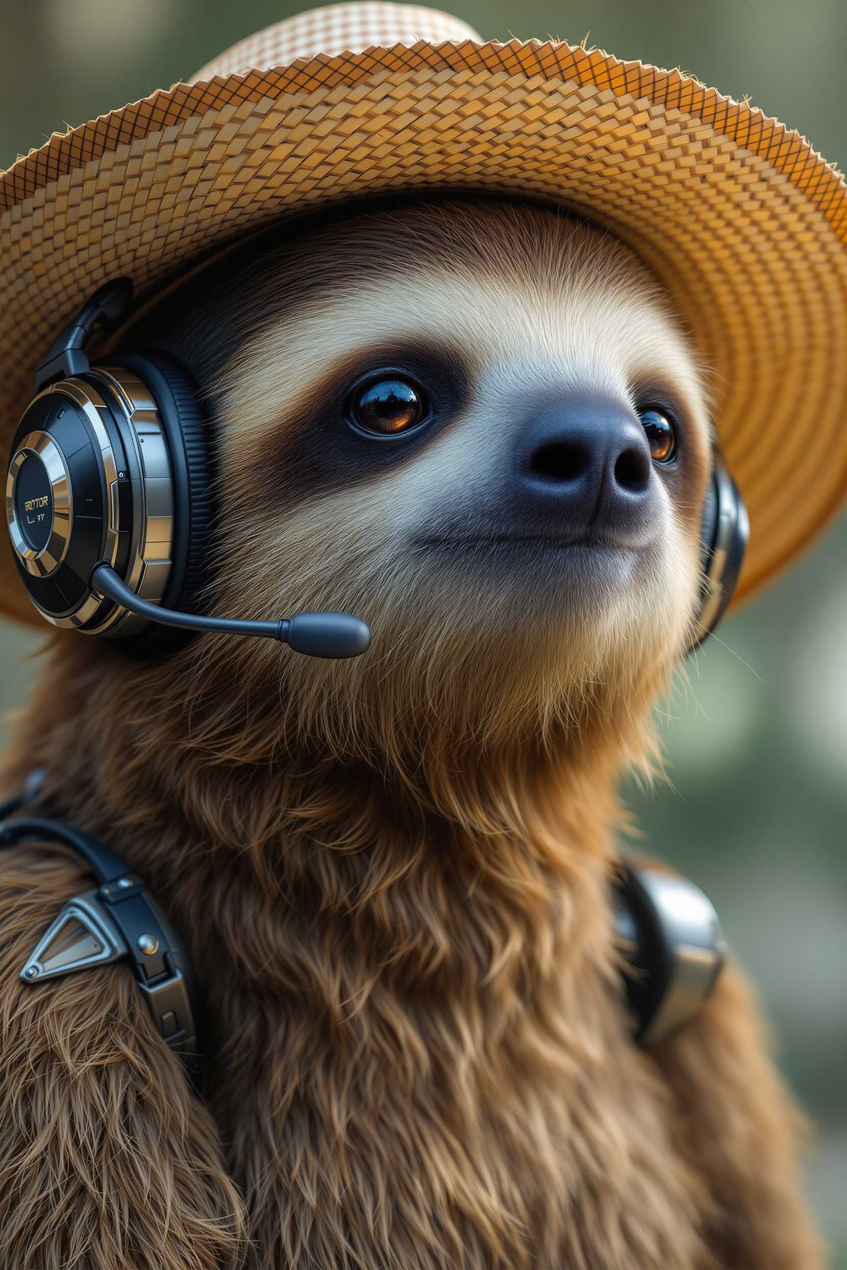 create a hyper-realistic image. I want a sloth wearing a straw hat combined with a robot. The combine sloth-robot should also wear a headset. There should also be robot applications in the sloth's face
