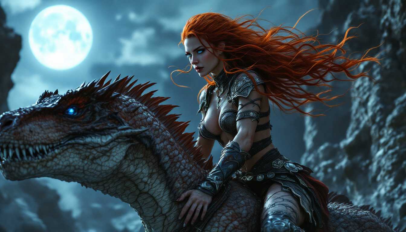 A hyper-realistic image of a stunning red-haired warrior woman with a sculpted body and piercing blue eyes, riding a Deinonychus under a full moon. She wears intricately crafted warrior attire made of leather and metal, accentuating her powerful physique. Her long, fiery hair flows behind her as she controls the fierce dinosaur, which is depicted with sharp claws and detailed, scaly skin. The Deinonychus is in a dynamic pose, its muscles tensed as if ready to pounce. The background is a dark, mystical landscape, illuminated by the soft, silver light of the full moon casting shadows over the rugged terrain. Captured with a Nikon D850, using a 50mm f/1.2 lens, the lighting is dramatic and moody, highlighting the warrior’s determined expression and the textures of both her armor and the Deinonychus's scales.