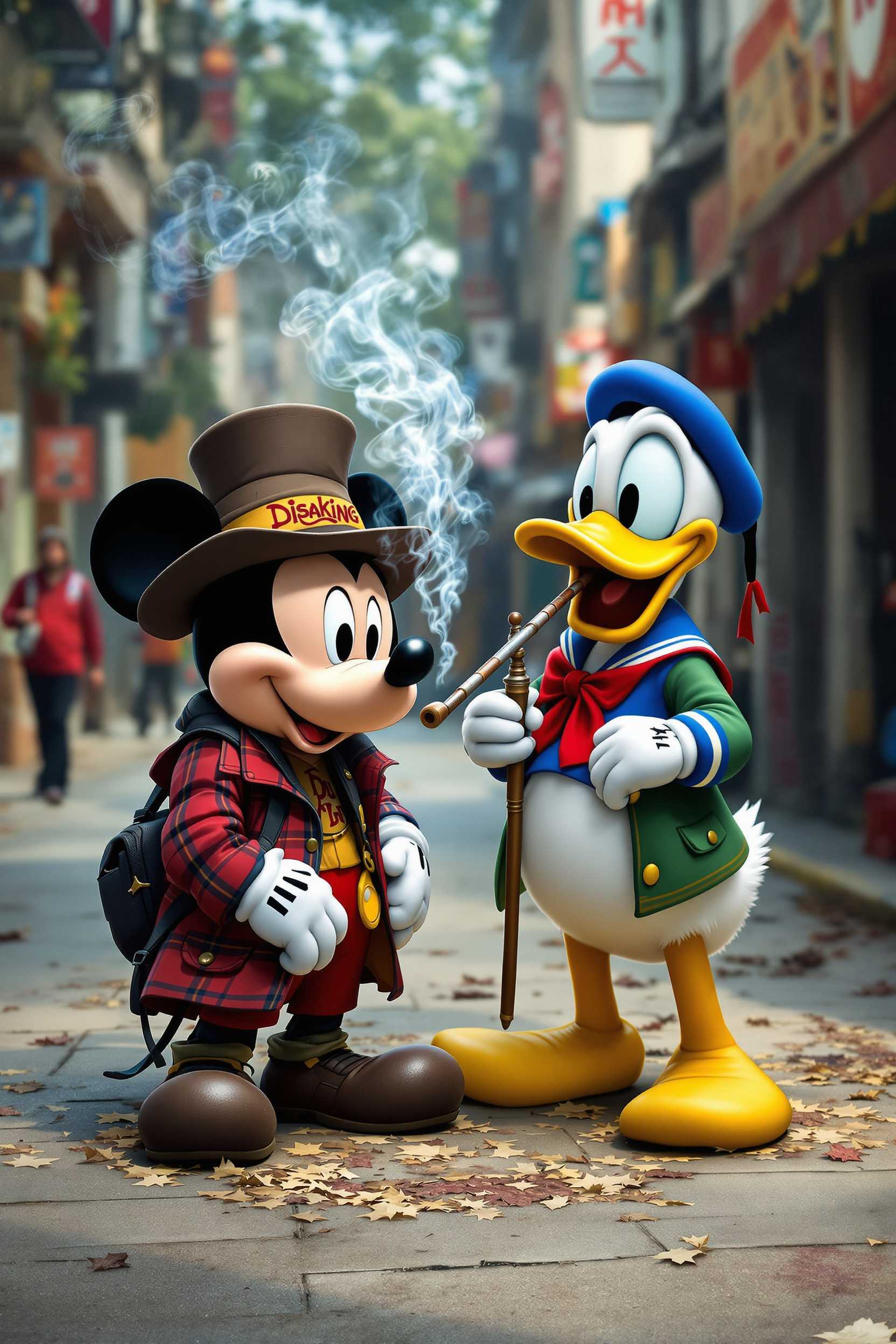 Mickey and Donald with a homeless appearance who smokes a shisha
