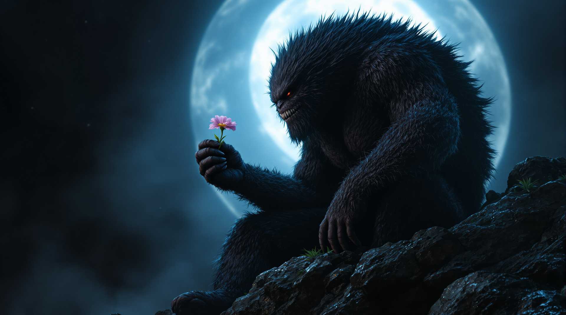 A hyper-realistic monster, covered in thick fur and heavily muscled,  sitting on a rugged rock. It holds a delicate flower gently in its large hand, as if contemplating it. Behind the monster, a bright, full moon illuminates the scene, casting eerie shadows and enhancing the creature's detailed textures. A light mist swirls around the scene, adding an atmospheric touch, inspired by the dark and cinematic style of Resident Evil. High detail, cinematic lighting, night setting, horror realism.

