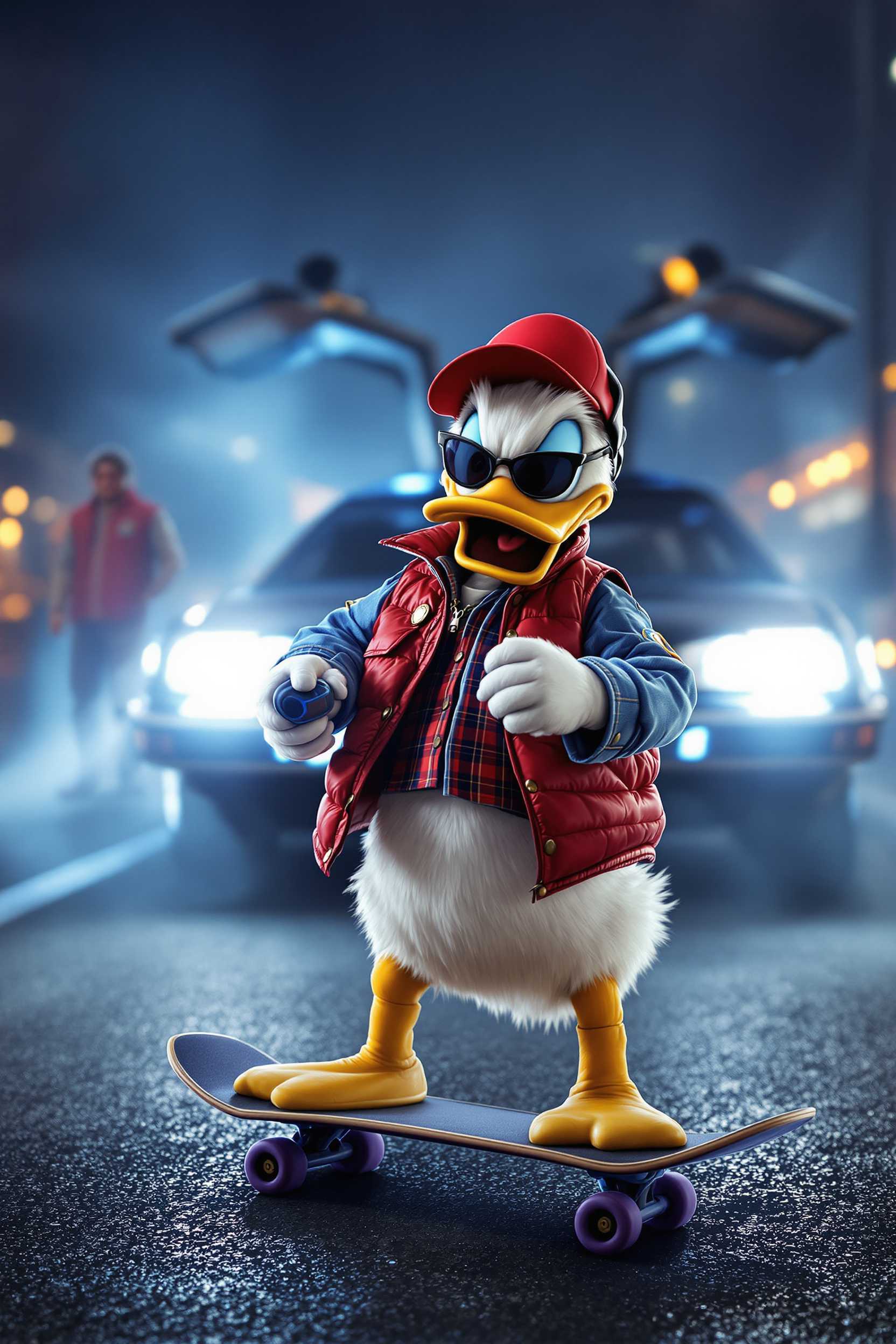 Subject: Donald Duck as Marty McFly
Composition Details:
Position of Donald Duck as Marty McFly: Donald Duck is depicted in a classic "Back to the Future" scene, wearing Marty McFly’s iconic outfit and looking visibly frustrated, as he often does. His pose is dynamic, as if caught in the middle of a frantic moment of action, typical of the time-traveling adventures in the film.

Realistic Elements:

Costume Details:

Outfit: Donald is dressed in Marty McFly's signature outfit from "Back to the Future": a red puffer vest over a denim jacket, with a plaid shirt underneath. His sleeves are rolled up, and he wears baggy jeans that are slightly too big for him, adding a comical element as they slip down over his tail. He also has on the iconic white sneakers, which look oversized on his webbed feet. Donald’s usual sailor hat is humorously replaced with Marty’s red-orange baseball cap, which sits askew on his head, adding to his character’s quirky charm.
Accessories: Around Donald’s neck hangs a pair of aviator sunglasses, and he is holding the time-traveling DeLorean’s remote control in one hand, his feathers ruffled as he tries to figure out how to use it. His other hand is holding a futuristic skateboard (hoverboard) that Marty famously uses, and he’s balancing awkwardly, emphasizing his characteristic clumsiness.
Facial Expression and Pose:

Expression: Donald’s face is a mix of determination and his classic, flustered anger, with his beak open in mid-quack as he shouts in frustration. His eyes are wide with exasperation, and his eyebrows are furrowed, showing his impatience and confusion with the situation. The combination of his intense expression and iconic Disney animation style creates a humorous contrast to the serious time-traveling theme of "Back to the Future."
Pose: Donald’s stance is dynamic, with one foot firmly planted on the ground and the other precariously placed on the hoverboard, as if he’s about to topple over. His tail feathers are sticking out comically from the back of his jeans, and his posture is slightly hunched, adding to the image of him struggling to maintain his balance and composure.
Environment: The setting is an iconic scene from "Back to the Future," such as the parking lot of Twin Pines Mall at night. The background features the DeLorean, parked with its gull-wing doors open, and the glowing flux capacitor visible inside, casting a blue light around the area. The scene is filled with fog, and the parking lot lights create a moody, cinematic atmosphere. Doc Brown can be seen in the background, looking on with a mix of surprise and concern, his white hair standing on end, adding to the chaotic energy of the scene.

Humorous Elements:

Juxtaposition: The contrast between Donald’s cartoonish, exaggerated expressions and the serious sci-fi setting of "Back to the Future" adds a comedic element. Despite the tense situation, Donald’s classic Disney characteristics—his flustered anger and exaggerated movements—make the scene lighthearted and fun.
Disney Touch: Subtle Disney elements are incorporated into the scene, such as hidden Mickey shapes in the headlights of the DeLorean or small Disney-themed stickers on the skateboard, adding a playful touch to the otherwise serious time-travel narrative.
Photographic Techniques:
Lighting and Contrast: Use a combination of moody, cinematic lighting with bright spotlights to highlight Donald Duck as Marty McFly. The lighting should create dramatic shadows and contrasts, especially around the DeLorean and the hoverboard, adding depth and intensity to the image. The glow from the DeLorean’s flux capacitor will provide a cool, blue light that contrasts with the warm, ambient lights of the parking lot, creating a visually striking scene.

Depth of Field: Apply a shallow depth of field to keep Donald and his immediate surroundings in sharp focus, while slightly blurring the background elements like the DeLorean and Doc Brown. This technique will draw attention to Donald as the main subject, emphasizing his unique appearance and the humorous contrast of the mashup.

Textures and Details: Capture the fine details of Donald’s feathers, the textures of Marty’s clothing, the shine of the DeLorean, and the glow of the flux capacitor. The reflections on the car, the soft lighting on Donald’s face, and the foggy atmosphere will add realism, making the scene appear like a high-definition photograph taken in a cinematic setting.

Colors and Tonality: Use a color palette with cool blues, grays, and silvers to reflect the sci-fi, time-traveling atmosphere of "Back to the Future," contrasted with the bright reds, blues, and whites of Donald’s outfit. The tones will be bold and dynamic, ensuring the image looks like a professional movie still with realistic shadows, highlights, and reflections to enhance the depth and drama of the scene.

Output File:
Format: High-quality JPEG
Resolution: 8256 x 5504 pixels (adjusted to fit the dynamic cinematic setting while maintaining high resolution)
Aspect Ratio: 16:9 (landscape orientation)
File Name: Realistic_Photo_Donald_Duck_as_Marty_McFly_Mashup.jpg
The final image will resemble a high-resolution movie still from "Back to the Future," depicting Donald Duck humorously embodying Marty McFly while retaining his classic Disney persona. This image will embody the concept of "Disney Cinephiles: Magical Mashup," presenting a beloved Disney character in an iconic movie role in a visually striking and playful context, capturing the whimsical essence of a Disney-Back to the Future crossover.
