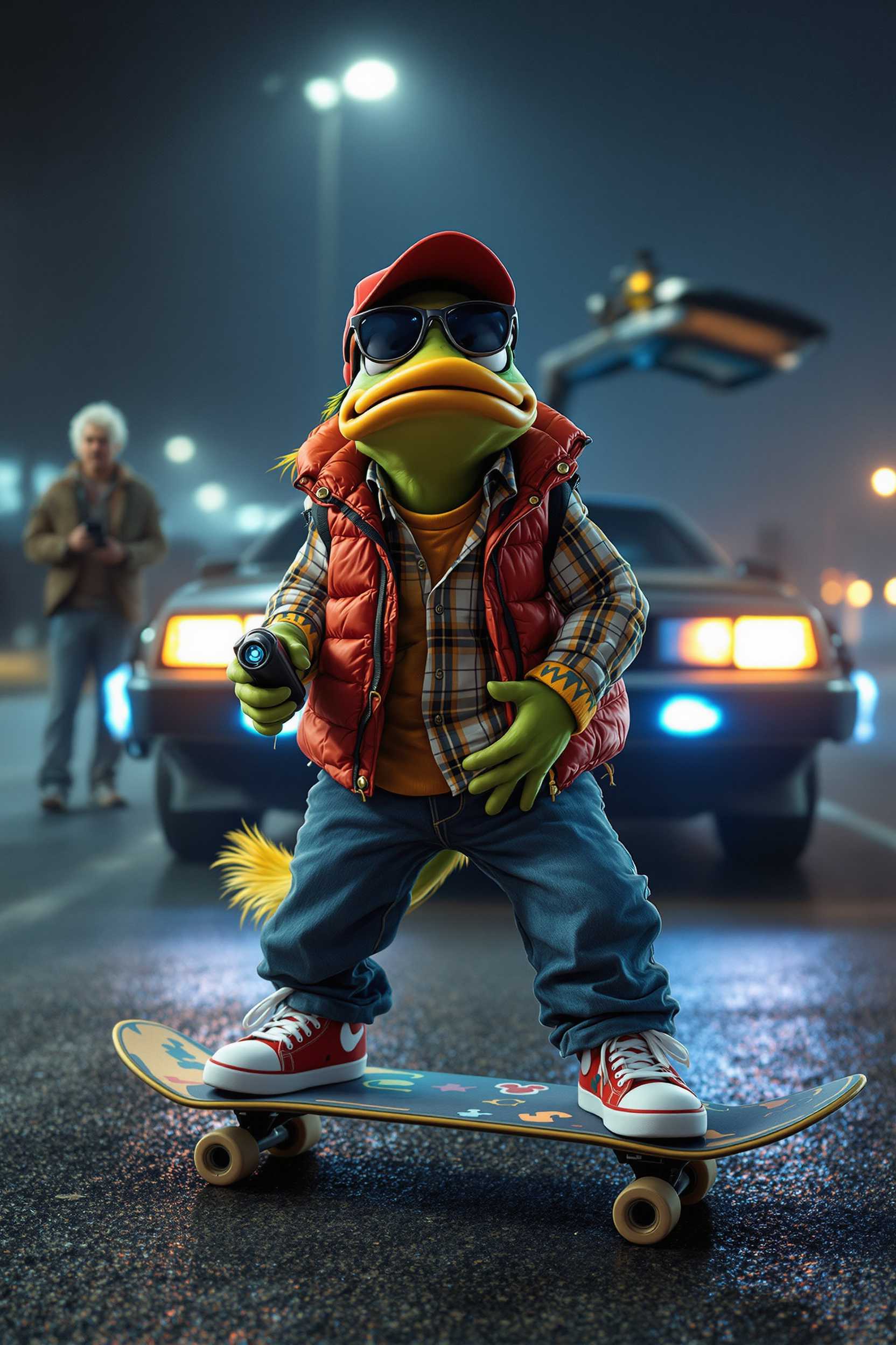 Subject: PEPE THE FROG By Matt FURIE  Composition Details: Position of pepe the Frog as Marty McFly: Pepe the frog is depicted in a classic "Back to the Future" scene, wearing Marty McFly’s iconic outfit and looking visibly frustrated, as he often does. His pose is dynamic, as if caught in the middle of a frantic moment of action, typical of the time-traveling adventures in the film. Realistic Elements: Costume Details: Outfit: Pepe is dressed in Marty McFly's signature outfit from "Back to the Future": a red puffer vest over a denim jacket, with a plaid shirt underneath. His sleeves are rolled up, and he wears baggy jeans that are slightly too big for him, adding a comical element as they slip down over his tail. He also has on the iconic white sneakers, which look oversized on his webbed feet. Donald’s usual sailor hat is humorously replaced with Marty’s red-orange baseball cap, which sits askew on his head, adding to his character’s quirky charm. Accessories: Around Pepe's neck hangs a pair of aviator sunglasses, and he is holding the time-traveling DeLorean’s remote control in one hand, his feathers ruffled as he tries to figure out how to use it. His other hand is holding a futuristic skateboard (hoverboard) that Marty famously uses, and he’s balancing awkwardly, emphasizing his characteristic clumsiness. Facial Expression and Pose: Expression: Donald’s face is a mix of determination and his classic, flustered anger, with his beak open in mid-quack as he shouts in frustration. His eyes are wide with exasperation, and his eyebrows are furrowed, showing his impatience and confusion with the situation. The combination of his intense expression and iconic Disney animation style creates a humorous contrast to the serious time-traveling theme of "Back to the Future." Pose: Donald’s stance is dynamic, with one foot firmly planted on the ground and the other precariously placed on the hoverboard, as if he’s about to topple over. His tail feathers are sticking out comically from the back of his jeans, and his posture is slightly hunched, adding to the image of him struggling to maintain his balance and composure. Environment: The setting is an iconic scene from "Back to the Future, " such as the parking lot of Twin Pines Mall at night. The background features the DeLorean, parked with its gull-wing doors open, and the glowing flux capacitor visible inside, casting a blue light around the area. The scene is filled with fog, and the parking lot lights create a moody, cinematic atmosphere. Doc Brown can be seen in the background, looking on with a mix of surprise and concern, his white hair standing on end, adding to the chaotic energy of the scene. Humorous Elements: Juxtaposition: The contrast between pepe's cartoonish, exaggerated expressions and the serious sci-fi setting of "Back to the Future" adds a comedic element. Despite the tense situation, Donald’s classic Disney characteristics—his flustered anger and exaggerated movements—make the scene lighthearted and fun. Disney Touch: Subtle Disney elements are incorporated into the scene, such as hidden Mickey shapes in the headlights of the DeLorean or small Disney-themed stickers on the skateboard, adding a playful touch to the otherwise serious time-travel narrative. Photographic Techniques: Lighting and Contrast: Use a combination of moody, cinematic lighting with bright spotlights to highlight pepe the frog as Marty McFly. The lighting should create dramatic shadows and contrasts, especially around the DeLorean and the hoverboard, adding depth and intensity to the image. The glow from the DeLorean’s flux capacitor will provide a cool, blue light that contrasts with the warm, ambient lights of the parking lot, creating a visually striking scene. Depth of Field: Apply a shallow depth of field to keep Donald and his immediate surroundings in sharp focus, while slightly blurring the background elements like the DeLorean and Doc Brown. This technique will draw attention to Donald as the main subject, emphasizing his unique appearance and the humorous contrast of the mashup. Textures and Details: Capture the fine details of Donald’s feathers, the textures of Marty’s clothing, the shine of the DeLorean, and the glow of the flux capacitor. The reflections on the car, the soft lighting on Donald’s face, and the foggy atmosphere will add realism, making the scene appear like a high-definition photograph taken in a cinematic setting. Colors and Tonality: Use a color palette with cool blues, grays, and silvers to reflect the sci-fi, time-traveling atmosphere of "Back to the Future, " contrasted with the bright reds, blues, and whites of Donald’s outfit. The tones will be bold and dynamic, ensuring the image looks like a professional movie still with realistic shadows, highlights, and reflections to enhance the depth and drama of the scene. Output File: Format: High-quality webm Resolution: 512 by 512 pixels (adjusted to fit the dynamic cinematic setting while maintaining high resolution) Aspect Ratio: 16:9 (landscape orientation) File Name: Realistic_Photo_pepe_the _frog_as_Marty_McFly_Mashup.webm The final image will resemble a high-resolution movie still from "Back to the Future, " depicting pepe the frog humorously embodying Marty McFly while retaining his classic Disney persona. This image will embody the concept of "Disney Cinephiles: Magical Mashup, " presenting a beloved Disney character in an iconic movie role in a visually striking and playful context, capturing the whimsical essence of a Disney-Back to the Future crossover.
