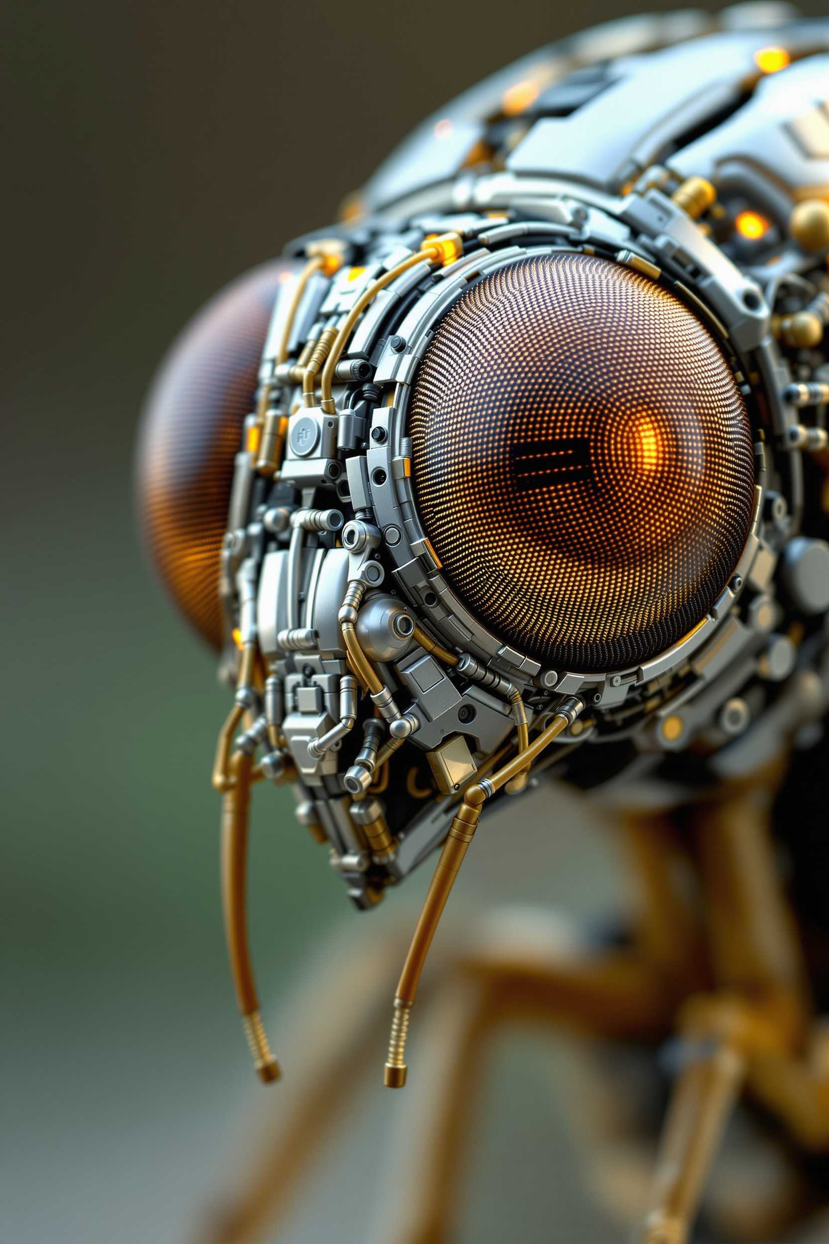 Ultra-realistic rendering: A portrait of a bionic robotic Drosophila fly head, developed using advanced bionic robotic technology. The Drosophila head should be highly detailed, with visible micro-computer and electronic components such as miniature circuits, LEDs, and sensors embedded in its structure.
The eyes should be expressive and appear as complex optical devices with multi-layered lenses that reflect light and create the effect of depth.
The texture of the head should combine organic and mechanical elements, with smooth metallic surfaces and intricate patterns reminiscent of natural lines and shapes.
The background should be blurred to highlight the bionic Drosophila fly, with soft lighting highlighting its technological details.
