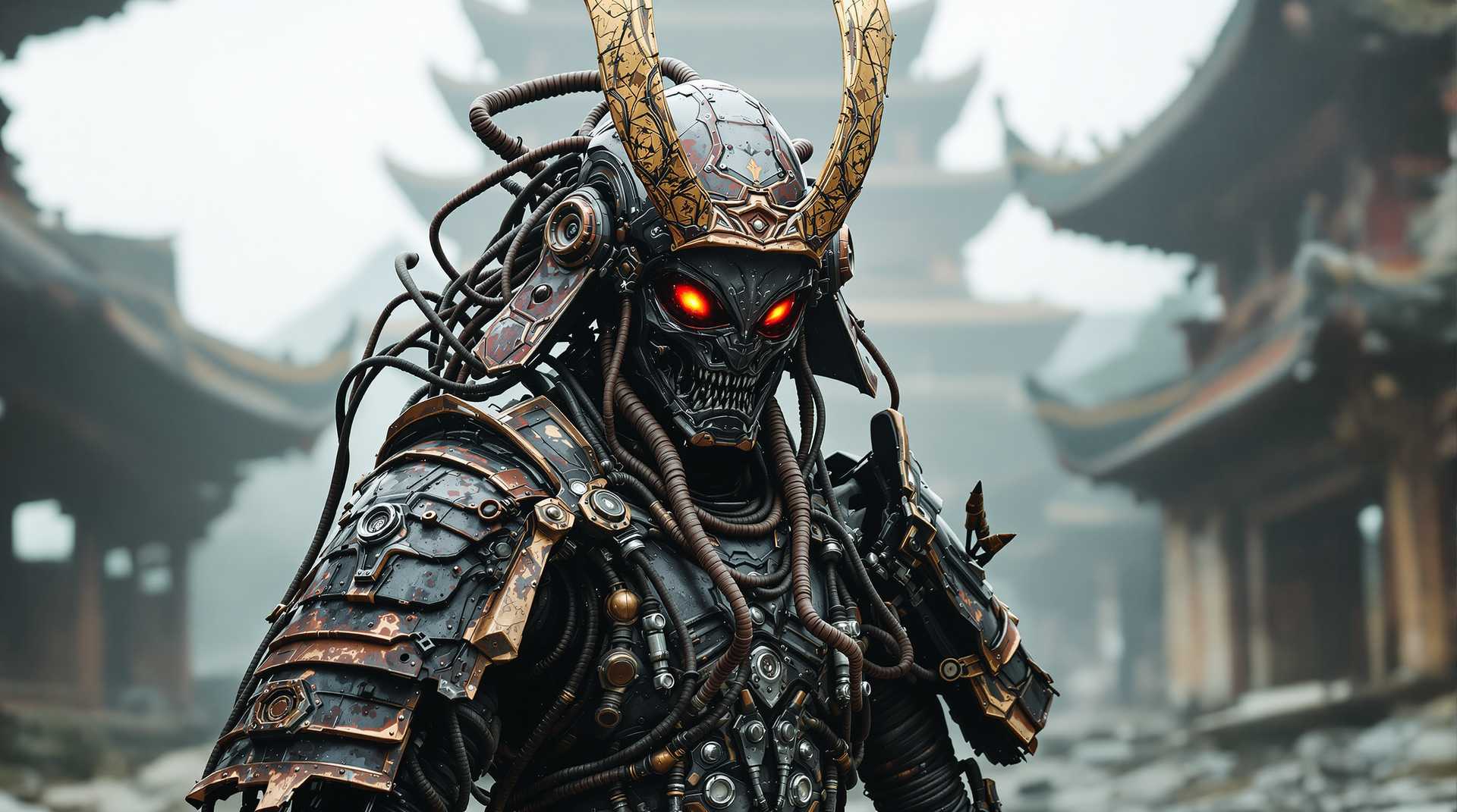 A broken weathered burnt alien skin post apocalyptic gorgeous cyberpunk alien organic biomech xenomorph alien rusted cyborg helmeted samurai connected by many symmetrical tubes and implants in the spine wearing a rusted burnt broken traditional full body samurai armor in an abandoned post apocalyptic temple, stingray fins, led eyes, alien biomech skin muscled arms, transparent alien implants,reflections, symmetrical, minimal design, dark art photography, very detailed, black color palette, alien photography, hyper realistic photography. 