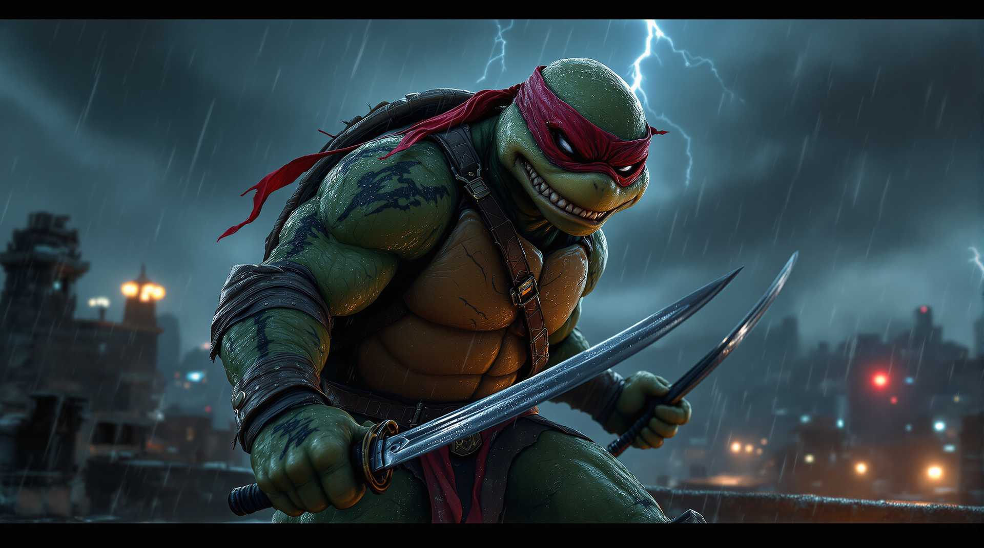 Super detailed, cinematic portrayal of a fierce, red-masked turtle warrior. Standing with an aggressive stance on a rain-soaked rooftop, he has a rugged, muscular frame, his green skin glistening with raindrops under the cold streetlights. His red bandana mask, slightly tattered, gives him an intense, feral look, with eyes narrowed in a fierce, determined gaze. Sentence created by Sasan His twin sai daggers are gripped tightly in each hand, with the blades reflecting the faint neon lights of the city below. Deep scars and scratches mark his battle-worn shell and arms, evidence of his relentless dedication to protecting the city. The background is filled with dark, stormy clouds, lightning flashing occasionally, casting dramatic shadows across his face. This turtle radiates raw power and aggression, his stance tense, ready to leap into action, creating an aura of unpredictable energy. 