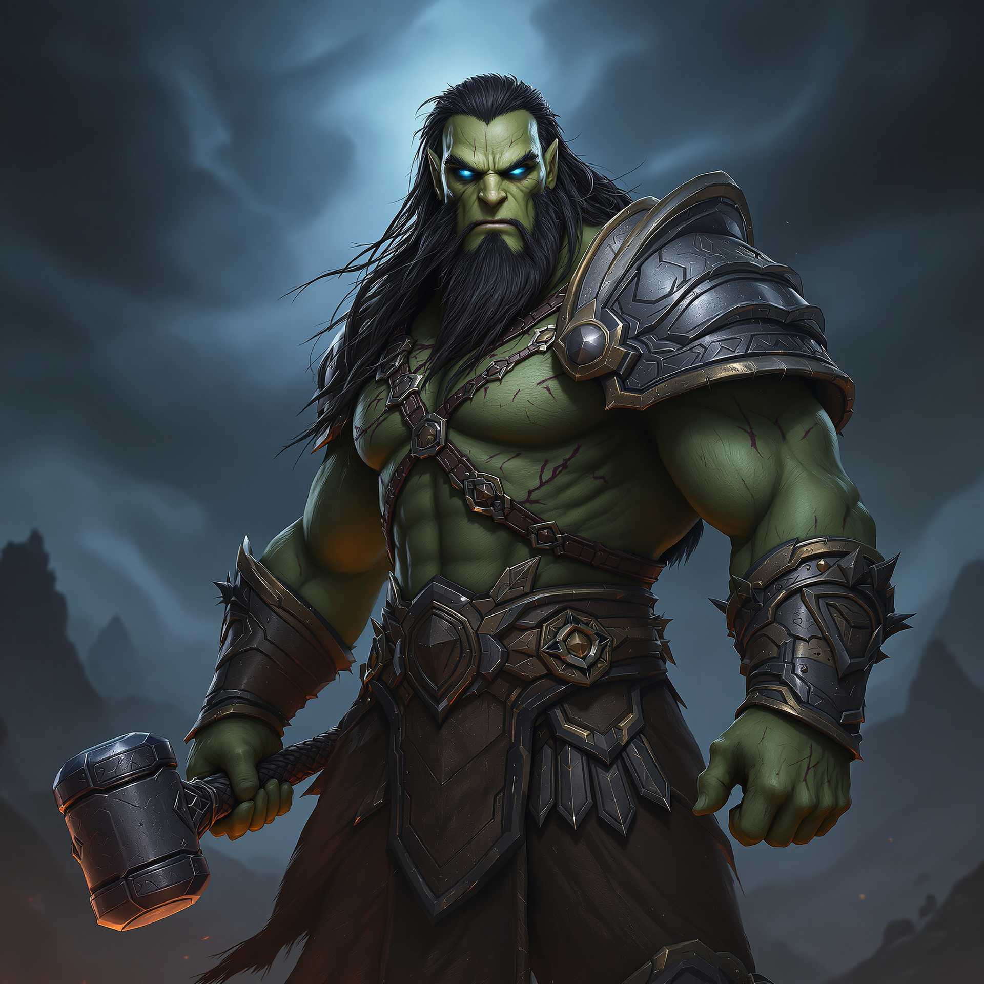 "Create an ultra-realistic, full-body portrayal of Thrall from World of Warcraft. Thrall should be depicted with highly detailed and lifelike features, capturing the texture of his green skin, the intricate designs on his battle-worn armor, and the raw power of the Doomhammer in his hand. His eyes, glowing a deep blue, should convey a sense of wisdom and strength. His long, dark hair, partially braided, should have a natural flow, adding to the realism of the scene.
The background should be a stormy, realistic landscape with dark, swirling clouds, emphasizing the natural elements Thrall commands. The lighting should be subtle yet dynamic, highlighting the textures of his armor and skin, and casting natural shadows that enhance the depth and realism of the scene.
Every detail, from the scratches on his armor to the roughness of his hands, should be rendered with precision, making the image as lifelike as possible, with no animated or stylized elements, only pure photorealism.