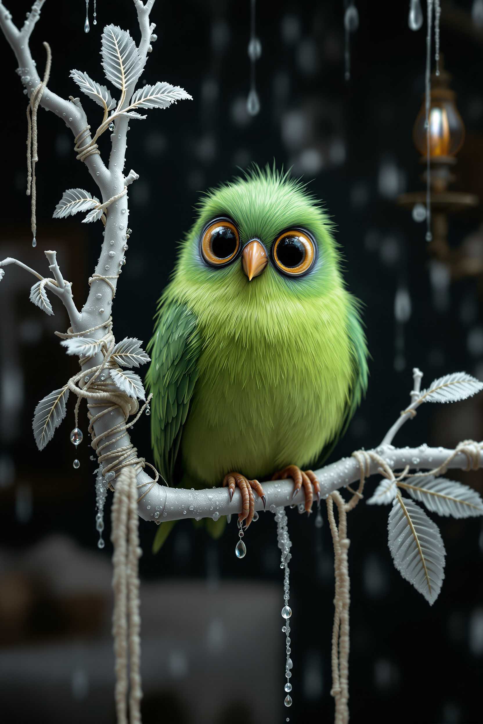 A 4k photo of a realistic green bird with big expressive eyes perched on a branch covered in frost. The branch is white and has leaves with a frost pattern. There are rhinestones, fibers, and threads wrapped around the branch. There are also drops of water and rain art on the branch. The background is a dark, bohemian-style room with a vintage lamp. The image has a magic light aesthetic and a wet photo effect.