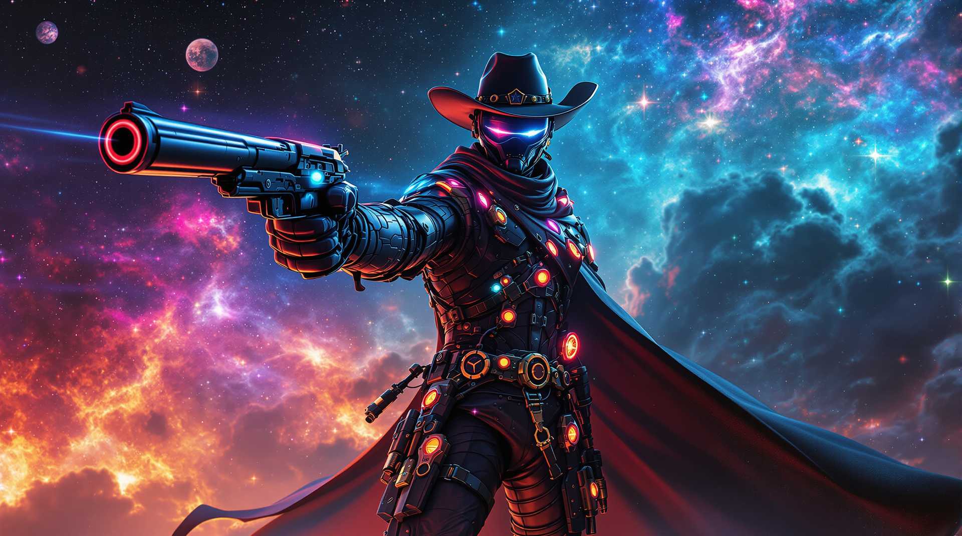space cowboy| futuristic western| detailed space bounty hunter attire| plasma revolver| cybernetic enhancements| high-tech gadgets| vividly colored| cosmic frontier| sci-fi western mashup| steampunk| cyberpunk| breathtaking nebulas| expertly illustrated| detailed textures| glowing elements| dynamic composition| epic atmosphere| crossing genres| captivating space opera| ultra-realistic, 4k, in the style of Neo-Noir, neon ambiance, abstract black oil, gear mecha, detailed acrylic, grunge, intricate complexity, rendered in unreal engine, photorealistic. 